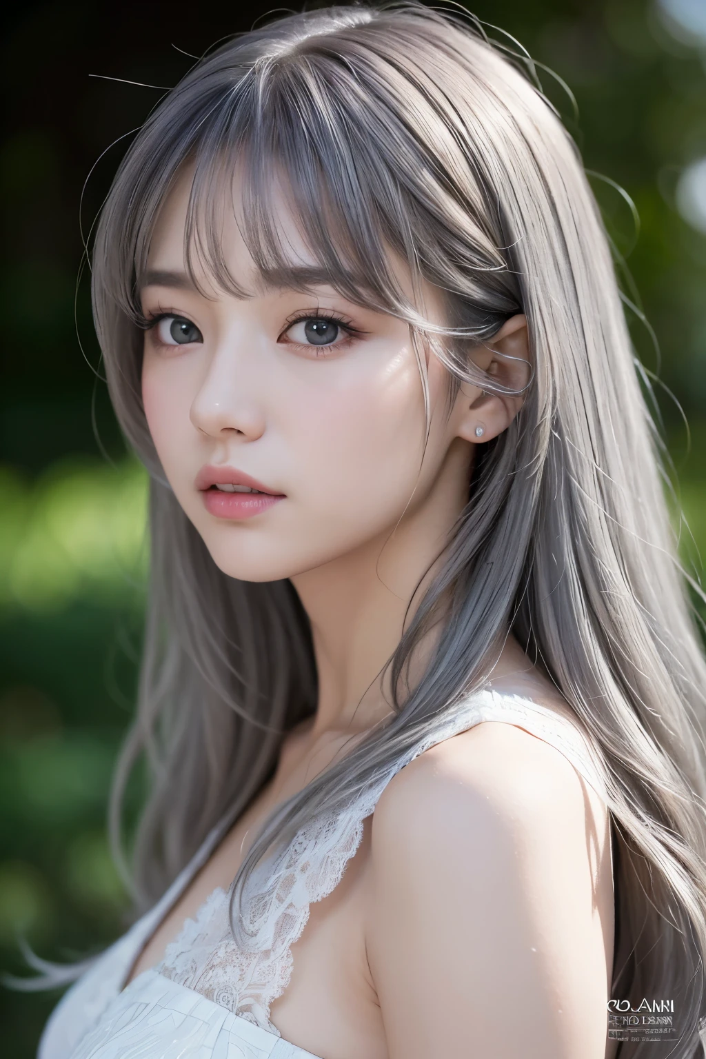 8K masterpiece superlative, anime woman, cold wind realistic portrait, sister, silver white long hair woman, long hair, light pink lips, calm and rational bangs, gray pupils, flower background, petals dancing, delicate face #SeaArt #digitalart #digitaldrawing #aiart #aiartwork #anime
