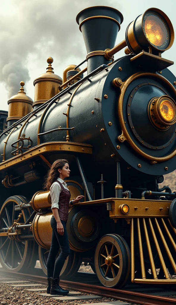 RAW photo, a fashion model, walk on runway, steampunk style, (photo-realistic:1.5), (RAW photo, 8k uhd, film grain), extremely delicate and beautiful, highres, sharp focus, extremely detailed, masterpiece, cinematic lighting, (high detailed skin:1.2), dslr, soft lighting, high quality, film grain, Fujifilm XT3