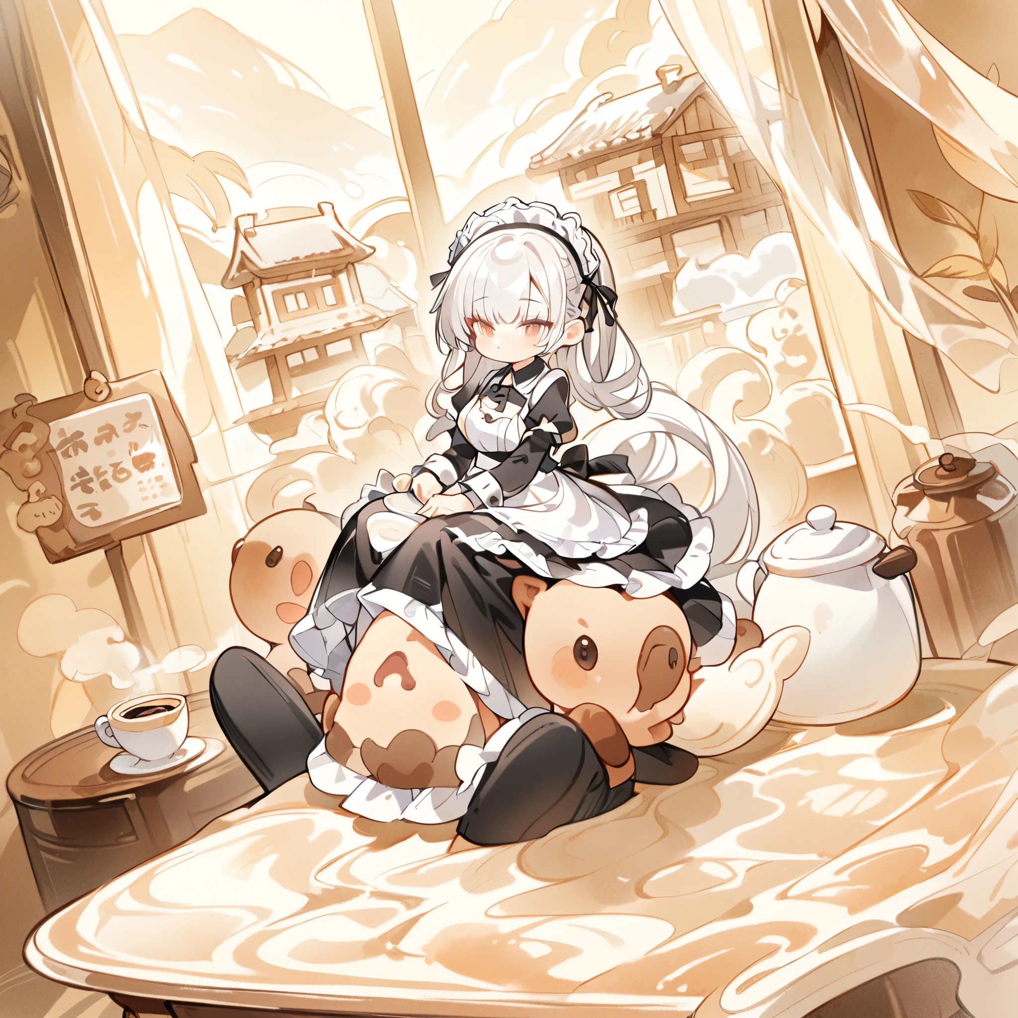 Forward sitting position，Ultra-high quality，Depth of detail，Q version of three heads、Transparent watercolor、Maid，Coffee Sweetheart