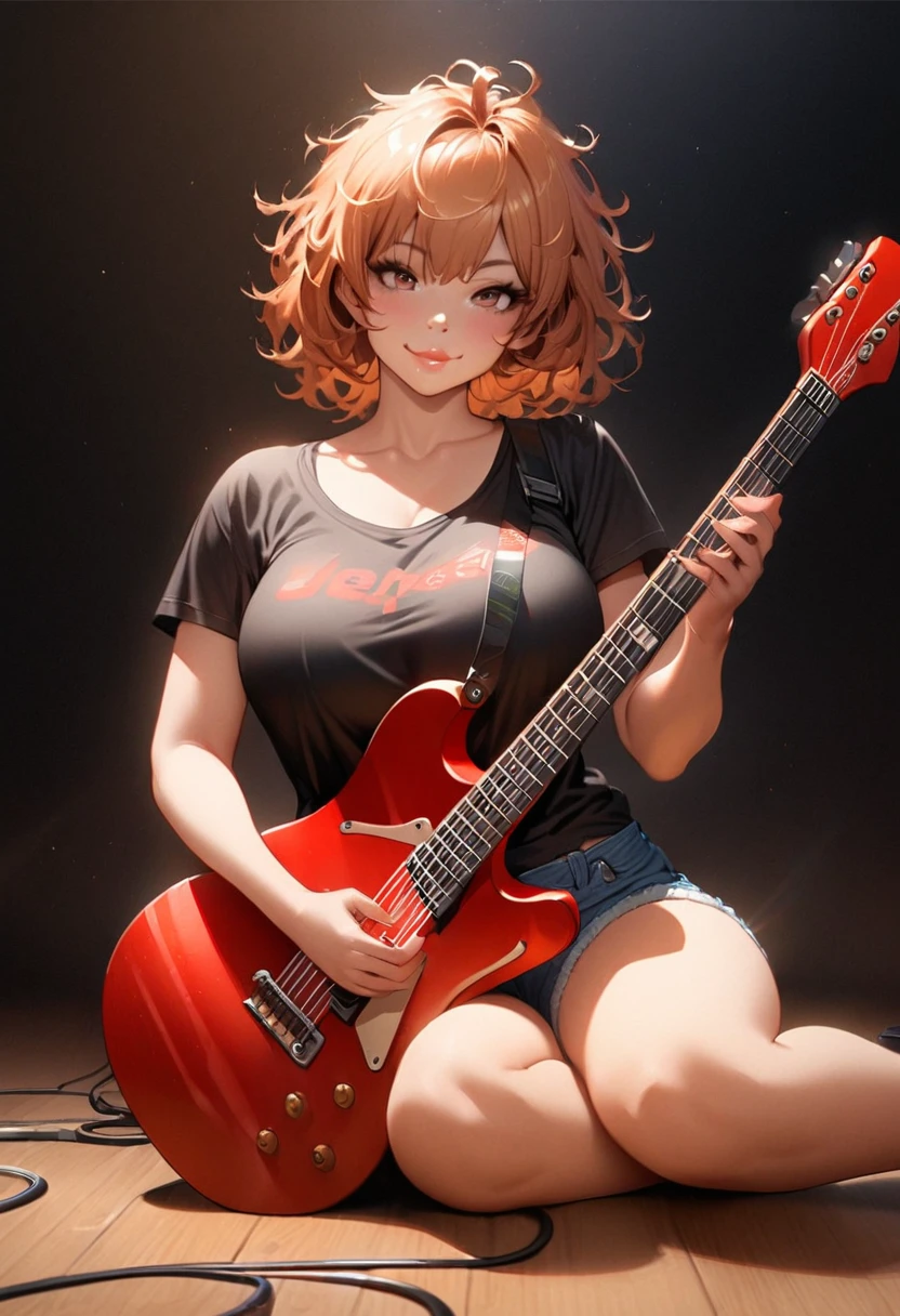  one girl, realistic proportions, anatomically correct, ginger hair, very short hair, messy hair, brown eyes, long eyelashes, sitting on floor, legs crossed, black t shirt, blue shorts, jean shorts, playing electric guitar, red guitar, large breasts, smile, thick lips, looking at viewer, dark room background