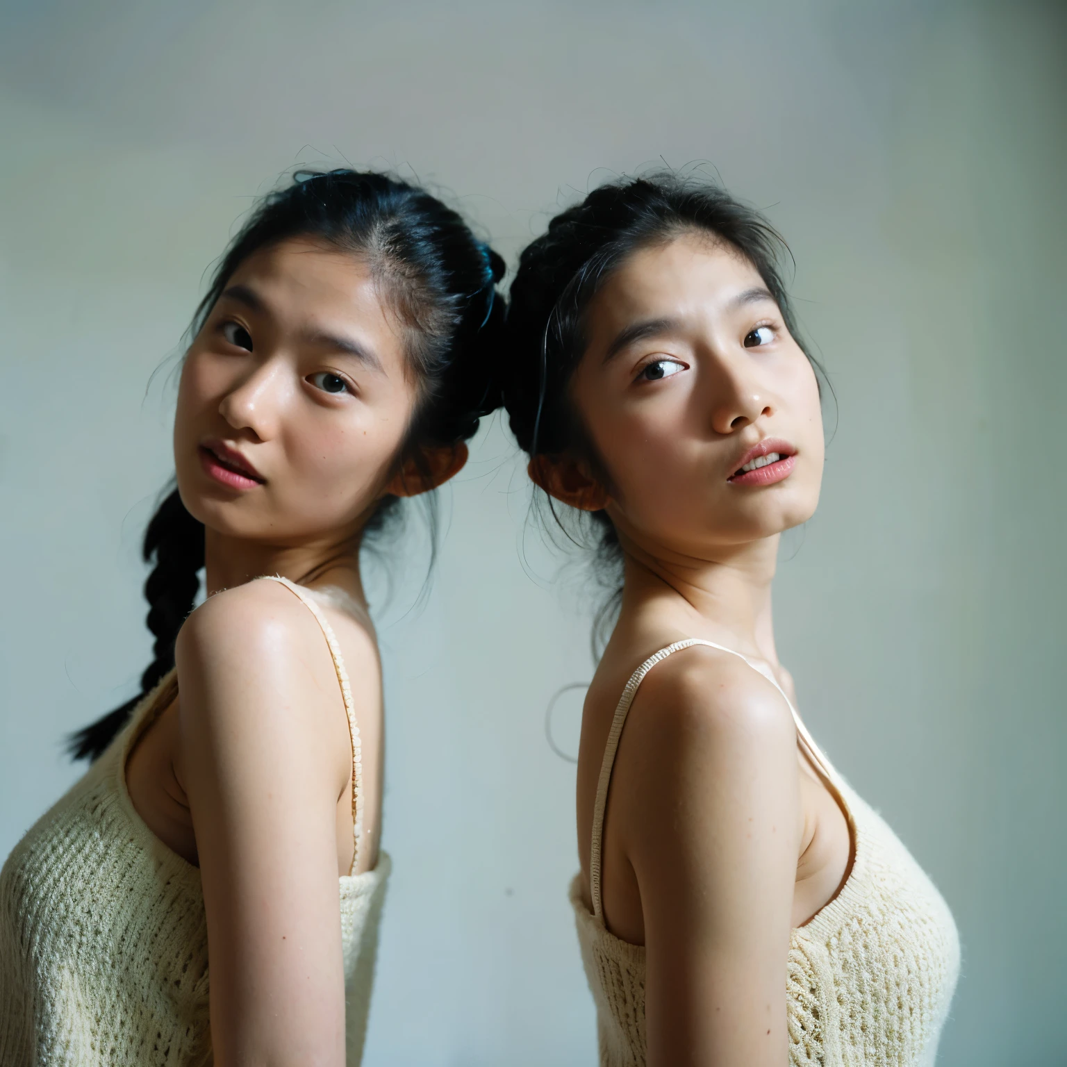 3.

"Japanese twins , In the studio, White background,  almost symmetrical expressions and poses , Best Quality,  simple and minimalistic beauty, Super detailed"