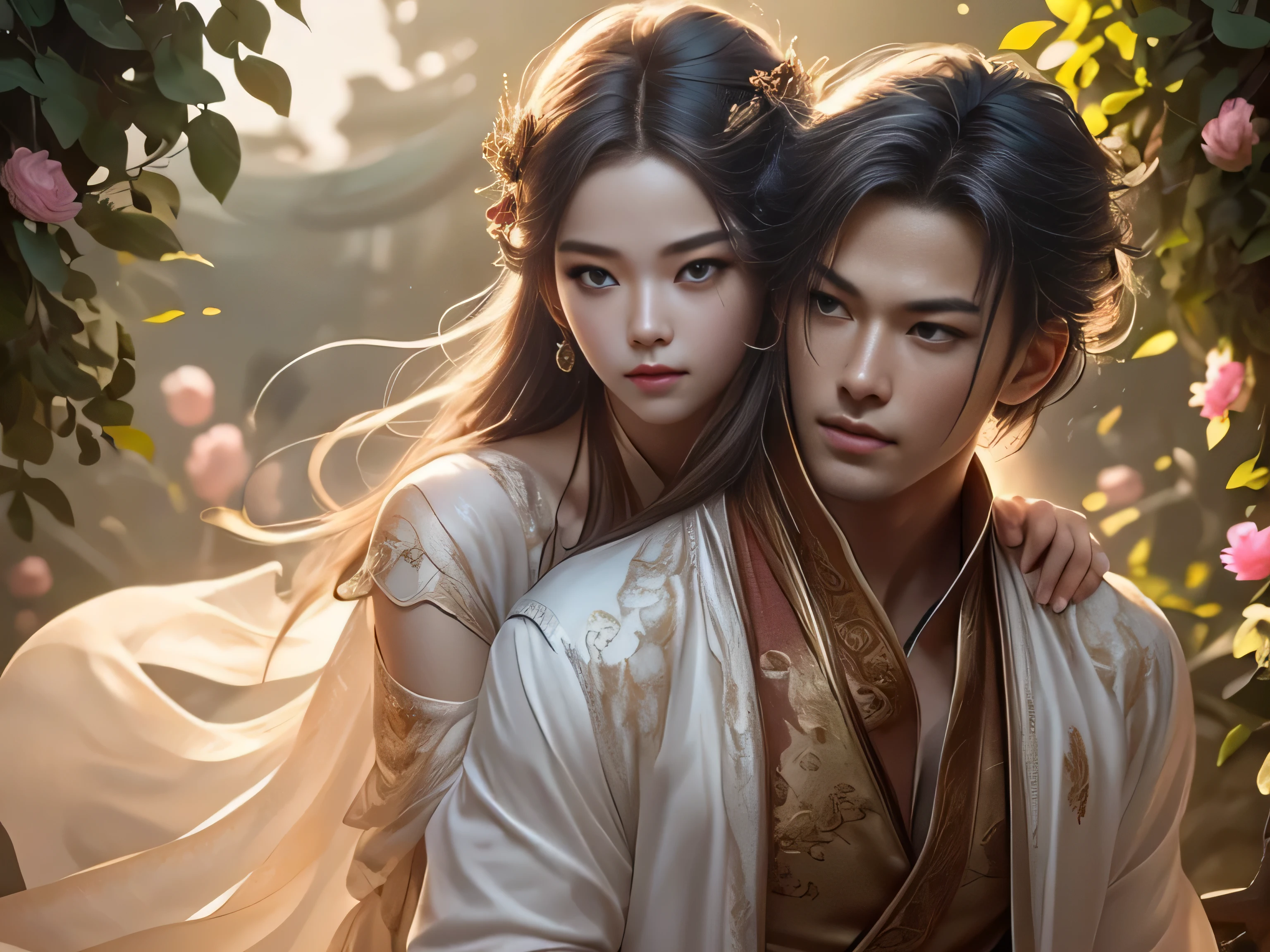 (Best Quality, Super Detail, Masterpiece, Representative Work, Official Art, Professional, Super Fine Detail, 8k:1.3), (photorealism:1.2), (Couple, Beautiful Girl and Boy), A couple in the sea of flowers, Handsome guy hugs beautiful girl from behind, Smiling and Wearing White Clothes, Delicate Hair, Chinese Beauty and Handsome Man, Wearing Ancient Chinese Clothes, Flowing Tulle, Light Silk, Create a movie poster similar to those used in Chinese romantic fantasy dramas, Correct proportions, Perfect face, perfect hands, Sweet atmosphere, Photorealistic, Sharp Focus, Dreamy Atmosphere, Delicate Details, Soft Volumetric Light, (Backlight:1.3), (Cinematic:1.2), Intricate Details, (ArtStation:1.3)