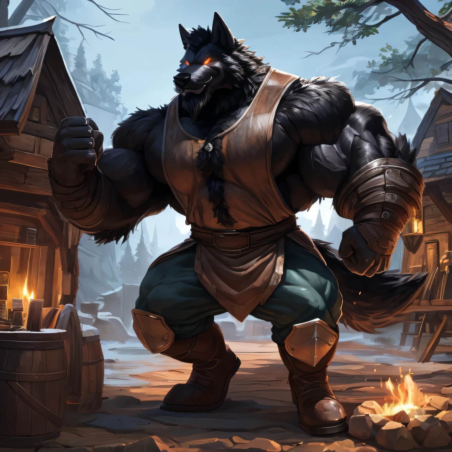 An alone anthropomorphic badass peasant wolf (realistic, detailed, american shot, aesthetic physique, aesthetic proportions, well-built body, muscle mountain, 1.6 meters tall, small, very oversized upperbody, very oversized chest, very oversized arms, extremely broad shoulders, black hair, black body, wolf head (wolf head, black thick full mustache, black thick trimmed full beard, black thick short hair, bright white glowing eyes, black fur) black fur, wears medieval sleeveless clothe, wears a medieval peasant pant, wears medieval black boots, fighting position) standing in fighting position, his upperbodyis growing, in a futuristic village in the forest.