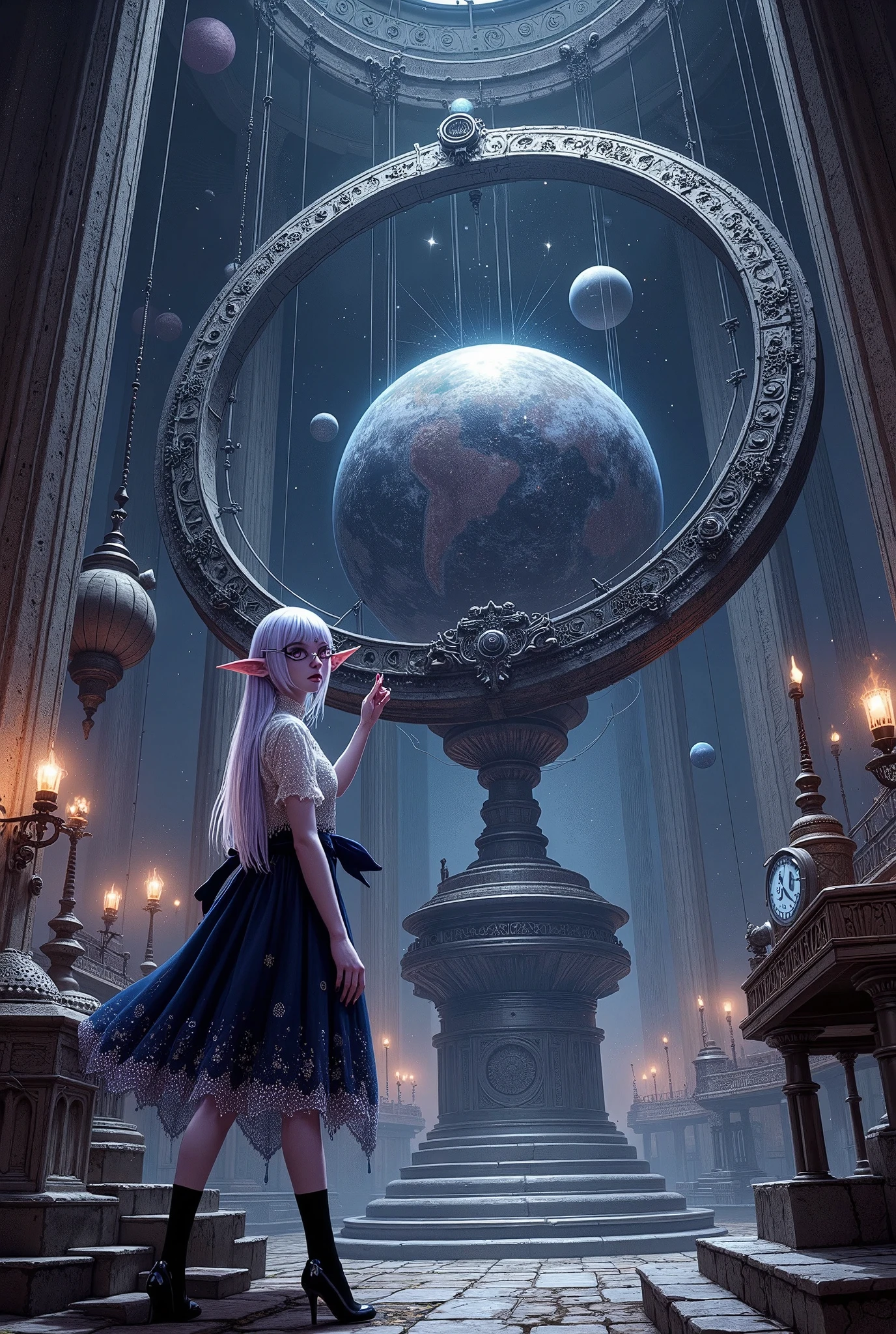 (Ultra-detailed face, Looking away, Fantasy Illustration with Gothic, Dark tone colors. Perspective looking up from the floor to the ceiling.), BREAK 
(A female dark elf astronomer is set up in a huge, dark, unlit, warehouse-like space, with a combination of huge circles, 20 meters long and wide, and the armillary sphere appears to be a sphere. She sits on a small perch suspended in mid-air, operating an analog machine with a control panel. It is a multi-layered, intricate assembly of conductors of planets and comets outside the solar system. The planets and stars are displayed in three dimensions and can be seen moving in their respective orbits.), BREAK 
(A young-aged dark elf woman with pure white hair and eyebrows, blunt bangs, medium length straight hair, small pink lips, dark-purple color skin, lavender pupils, Draw thick, dark eyeliner around the eyes.), BREAK 
(A female dark elf cleric wears thin Marubuchi glasses over her forehead, a crimson ribbon tie, and a deep navy blue lace-up dress with pure white lace embroidered with a starry sea motif. She wears jet-black high heels with particles of light emanating from them.)