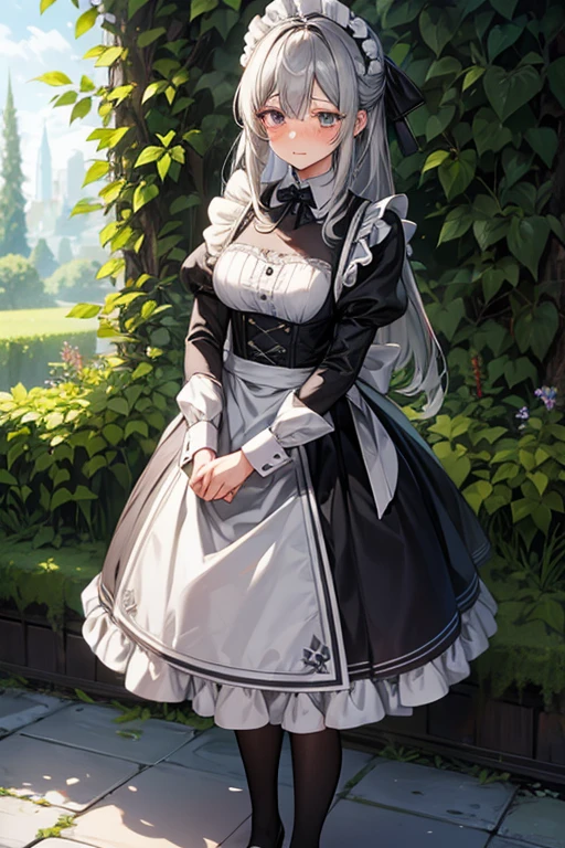 knee shot, female, gray hair, gray eye, medium-length hair, maid uniform, a woman of virtue, embarrassed, garden, standing