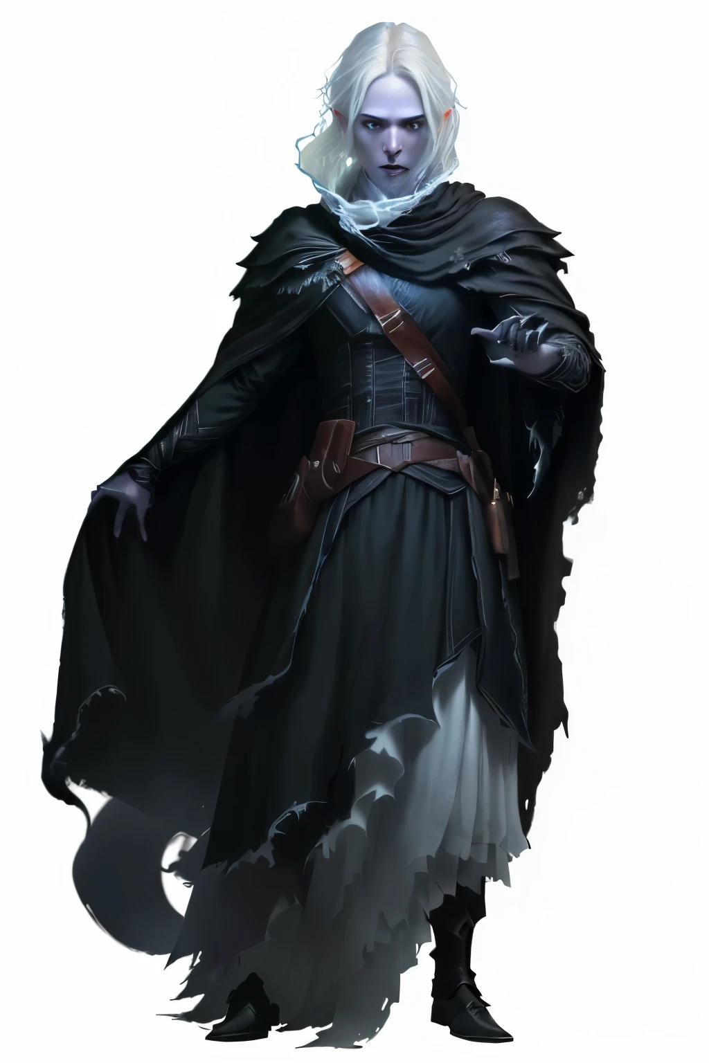  I want an RPG character with a white background ,  full-body PNG image .  The focus is on a man in a black dress with a black cape.  His hair is made of shimmering ghosts ,  evoking a concept art of Bloodborne .  She has a ghostly shape ,  reminiscent of monsters born of blood . In the background,  there is a young ghost girl ,  pale and ethereal , with long dark hair,  dressed in a cape .  You can also see faceless people , shaded ,  in a hazy environment .  The character's hair is flowing and visible ,  with a detailed style and a semi-3D touch .
