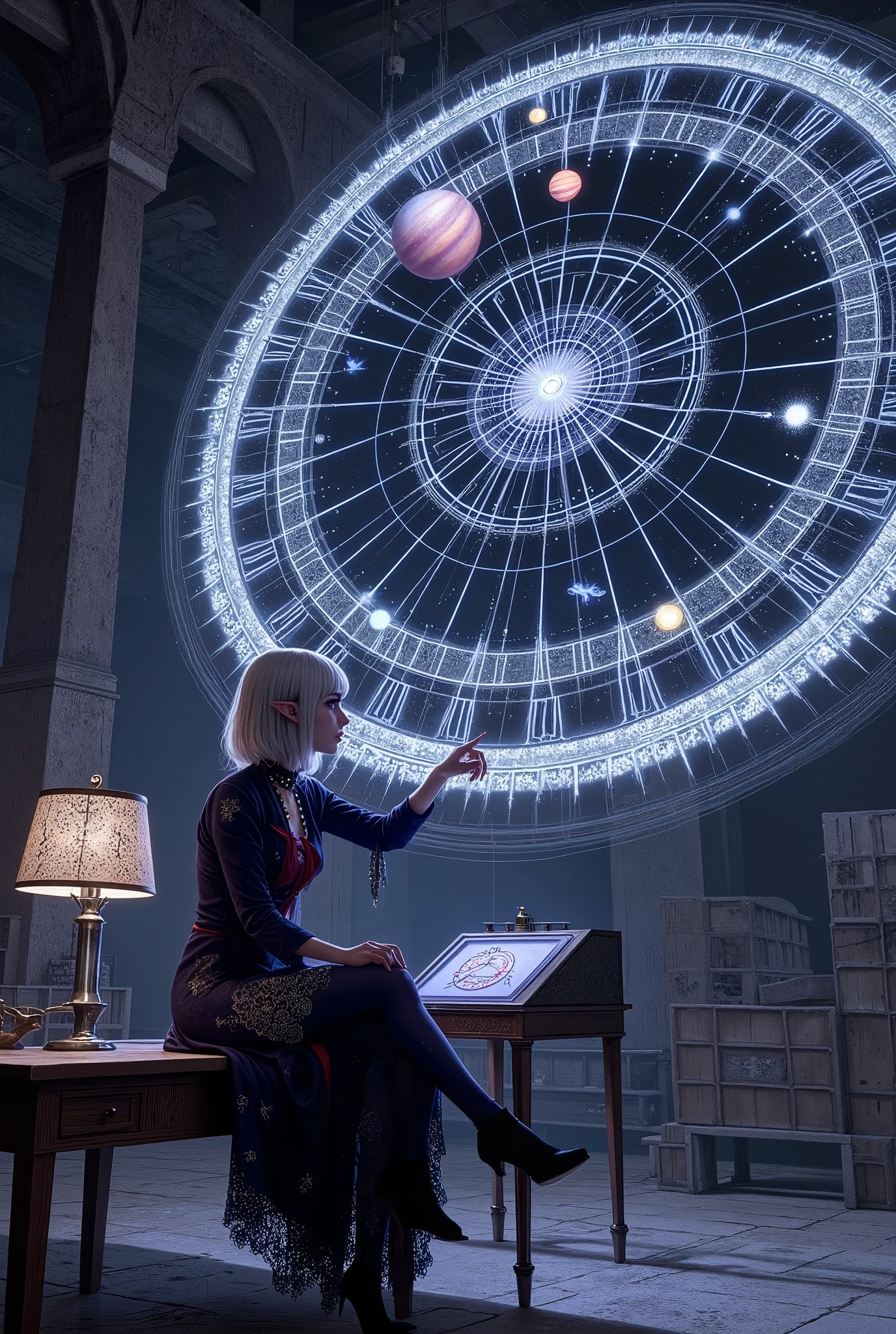 (Ultra-detailed face, Looking away, Fantasy Illustration with Gothic, Dark tone colors. Perspective looking up from the floor to the ceiling.), BREAK 
(The dark elf female astronomer is in a pitch-black, unlit, huge warehouse-like space where a huge circular and elliptical machine with a diameter of 20 meters is set up with a combination of thin rails and gears in a circular and elliptical shape. The machine looks like a holographic sphere with a full-length armillary sphere that is a visual representation of the celestial navigation. She sits on a small perch suspended in mid-air, operating a control panel with crystal buttons.), BREAK 
(The armillary sphere machine is a thin rail of conductors from planets and comets outside the solar system, intricately assembled and intertwined in layers. Planets, satellites, comets, and star systems move along their trajectories. The sun is burning brightly, the earth is full of water, Saturn has a large ring, Mars is red, and comets have long tails. Distant star systems appear as clouds of sparkling light particles.), BREAK 
(A young-aged dark elf woman with pure white hair and eyebrows, blunt bangs, medium length straight hair, small pink lips, dark-purple color skin, lavender pupils, Draw thick, dark eyeliner around the eyes.), BREAK 
(A female dark elf cleric wears thin Marubuchi glasses over her forehead, a crimson ribbon tie, and a deep navy blue lace-up dress with pure white lace embroidered with a starry sea motif. She wears jet-black high heels with particles of light emanating from them.)