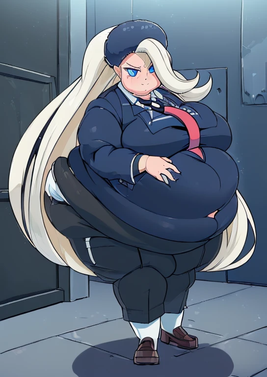 ((best quality, 4k, 8k, anime girl, masterpiece)), ((((beautiful extremely detailed face)))), (((beautiful eyes, blue eyes))), cinematic lighting, ((perfect anatomy)), (((huge breasts, very wide waist, pregnant, chubby, SSBBW, wide hips, perfectly round breasts, breast implants))), (full body view), (((thick outlines, anime style, 2D, vibrant colours))), (((pkmnMelony))), (((fur hat, navy blazer, oversized blazer, tightly buttoned, necktie, suit pants, white socks))), ((very long hair, white blonde hair, separated bangs)), (slight smile),