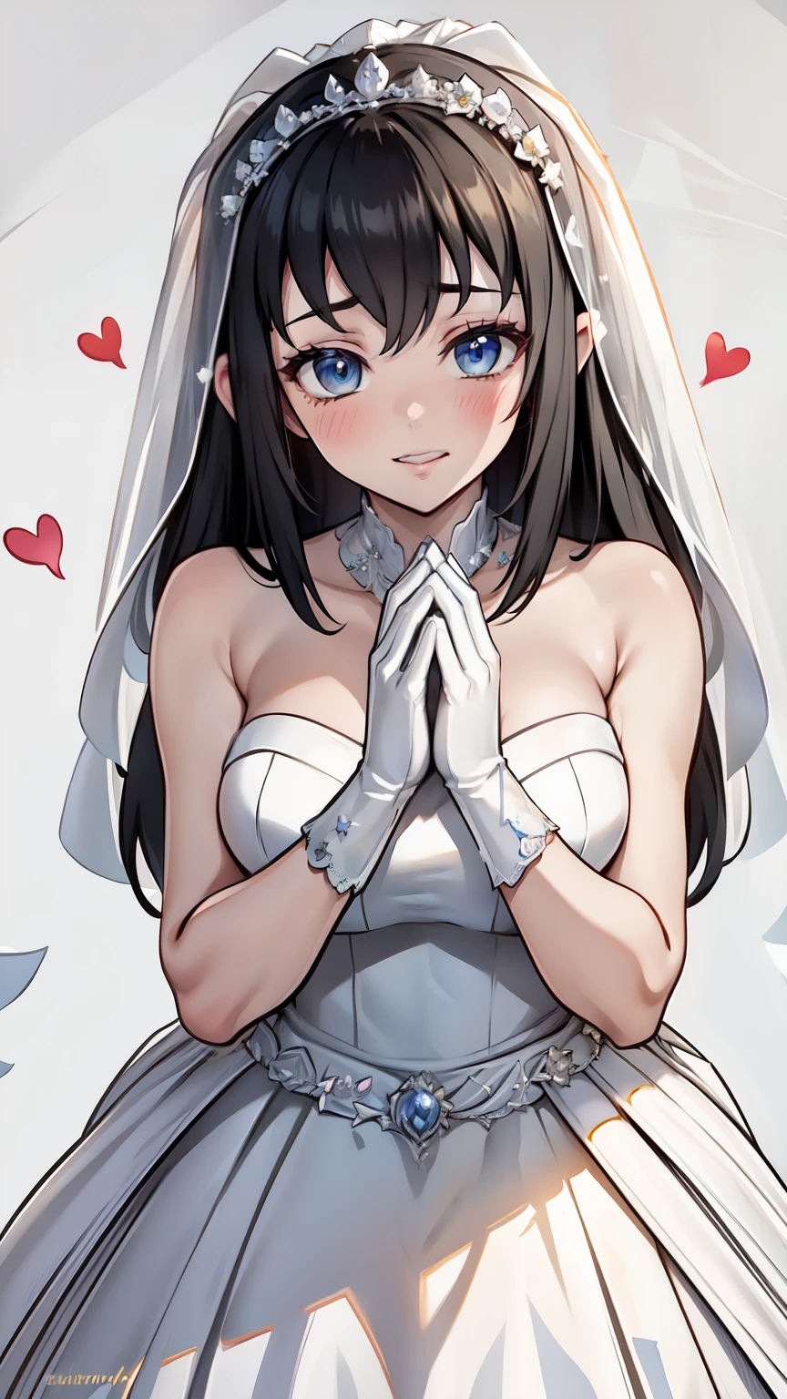 ((masterpiece:1.2)), ((Best quality:1.2)),((cowboy shot)),((high detail:1.5)),smile,big eyes, 1girl, long hair, blue eyes, black hair, cleavage, cute, girly, blush, shy, BREAK, fellatrix artstyle, eyeshadow, makeup, cupidtech, hearts, love, flirting, BREAK, (index fingers together:1.25), BREAK, masterpiece, best quality, extremely detailed, highly quality, 4k, sharp focus, professional, sharp focus, award winning, cinematic lighting, octane render, unreal engine, volumetrics dtx, Wallpaper,((White_background:1.2)), ((white Wedding dress:1.5)),
