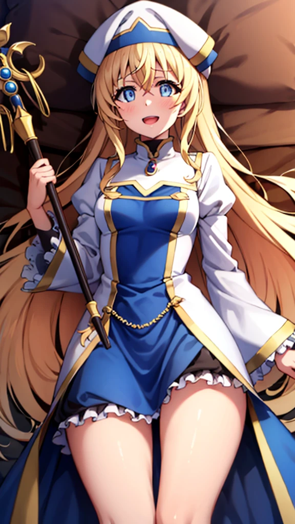 {{{masterpiece}}}, {{{Best Quality}}}, {{Ultra-detailed}}, {figure}, {{ Extremely Delicate and Beautiful }}, (Beautiful detailed eyes:1.6), Highly detailed face, 16k, Anime Face, Priestess(Goblin Slayer!), Cute face, , Blonde, blue eyes, Long Hair,  Hair between the eyes , Medium Breast, Narrow waist, Big Hips, Curvaceous, break, White headwear, White Dress, Ruffle sleeves, frills, Long sleeve, Puff sleeves, Blue Pelvic Curtain, White, Black mini skirt, Frilled Skirt, Thigh length, White calf boots, High heels, break, staff, Lie, On the back, smile, Open your mouth,  and embarrassed, Blushed Cheeks, Watch the audience, On the bed, dakimakura, Carneliandakimakura