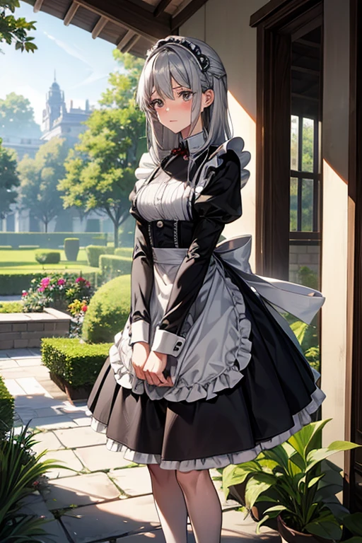 knee shot, female, gray hair, gray eye, medium-length hair, maid uniform, a woman of virtue, embarrassed, garden, standing