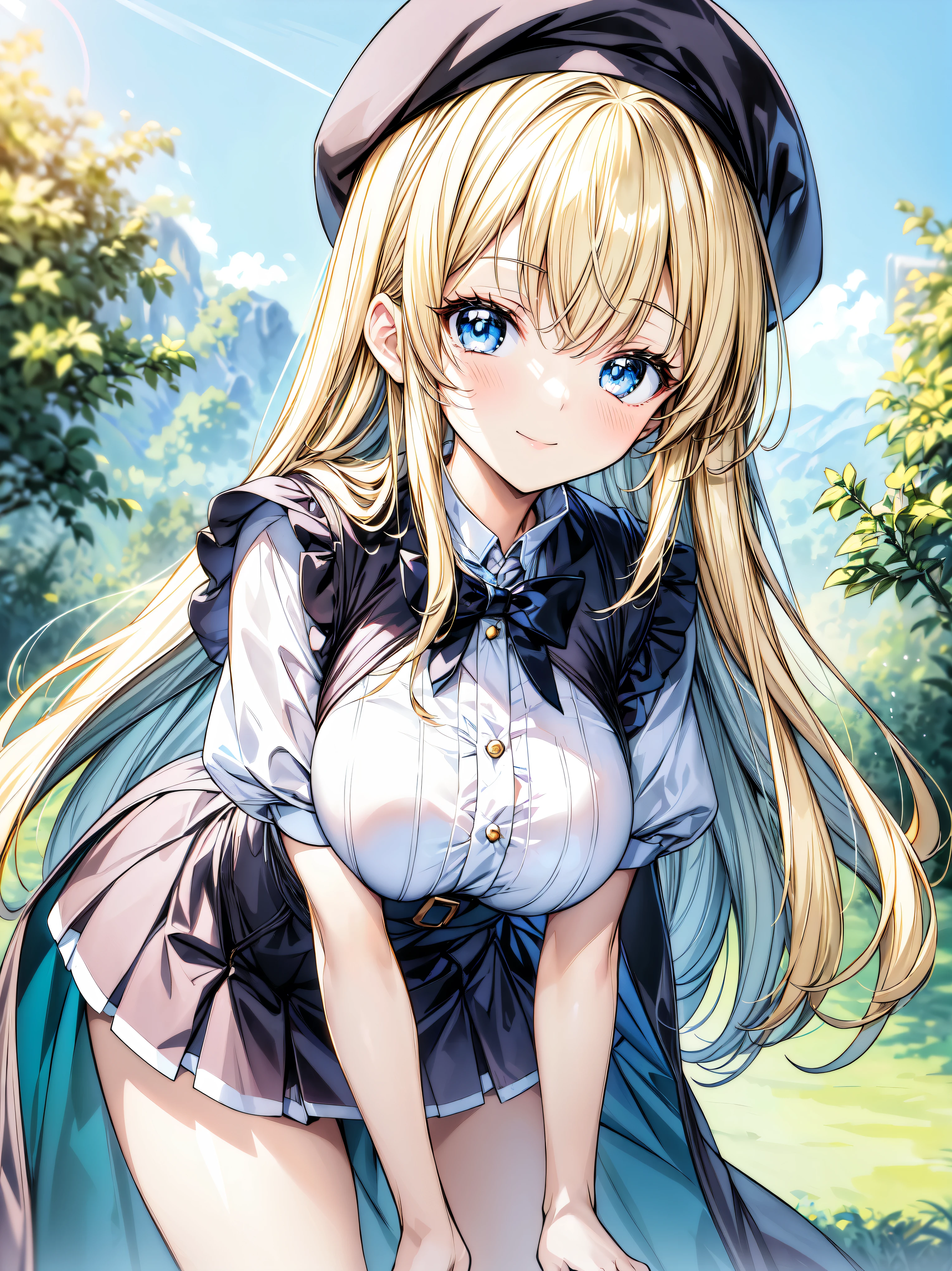 ((Ultra HD)), ((Super detailed)), ((Best Quality)), Blonde, ((Asymmetrical bangs)), KAWAII, happy smile, Big Breasts, breasts focus, Beret, Pleated mini skirt with lace, White Wizard, (baggy cloak), looking at viewer, from above, (leaning forward:1.2), on grassland, (((Complete Hand))), amazing digital painting, ((depth of field, blurred background)), (anime moe art style:1.3),