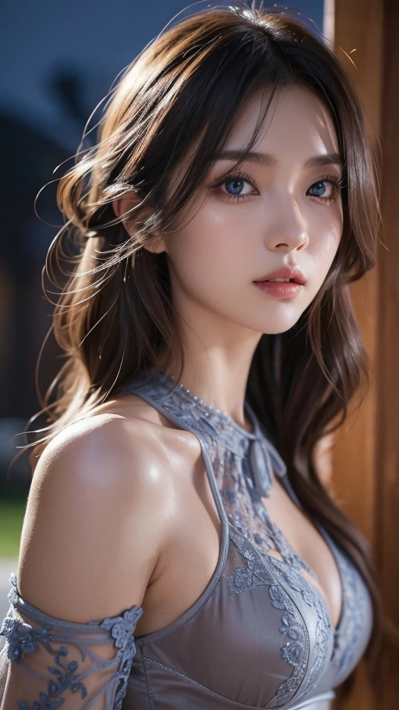 masterpiece, Highest quality, Super detailed, 複雑に詳細なSuper detailed, Realistic, Sharp features, Very detailed, Sharp focus, Perfect Face, Perfect Face, Perfect symmetrical perfect eyes, Perfect Plump Lips, Flexible female form, Cinematic, Film Light, Super detailed, hyper Realistic, High resolution, Vibrant, Dynamic Studio Lighting, ((Dark Background)), Sexy Face, The expression when receiving pleasure, Straight bangs, Big Breasts, Exposed cleavage, blue eyes, Off the shoulder, Cowboy Shot,