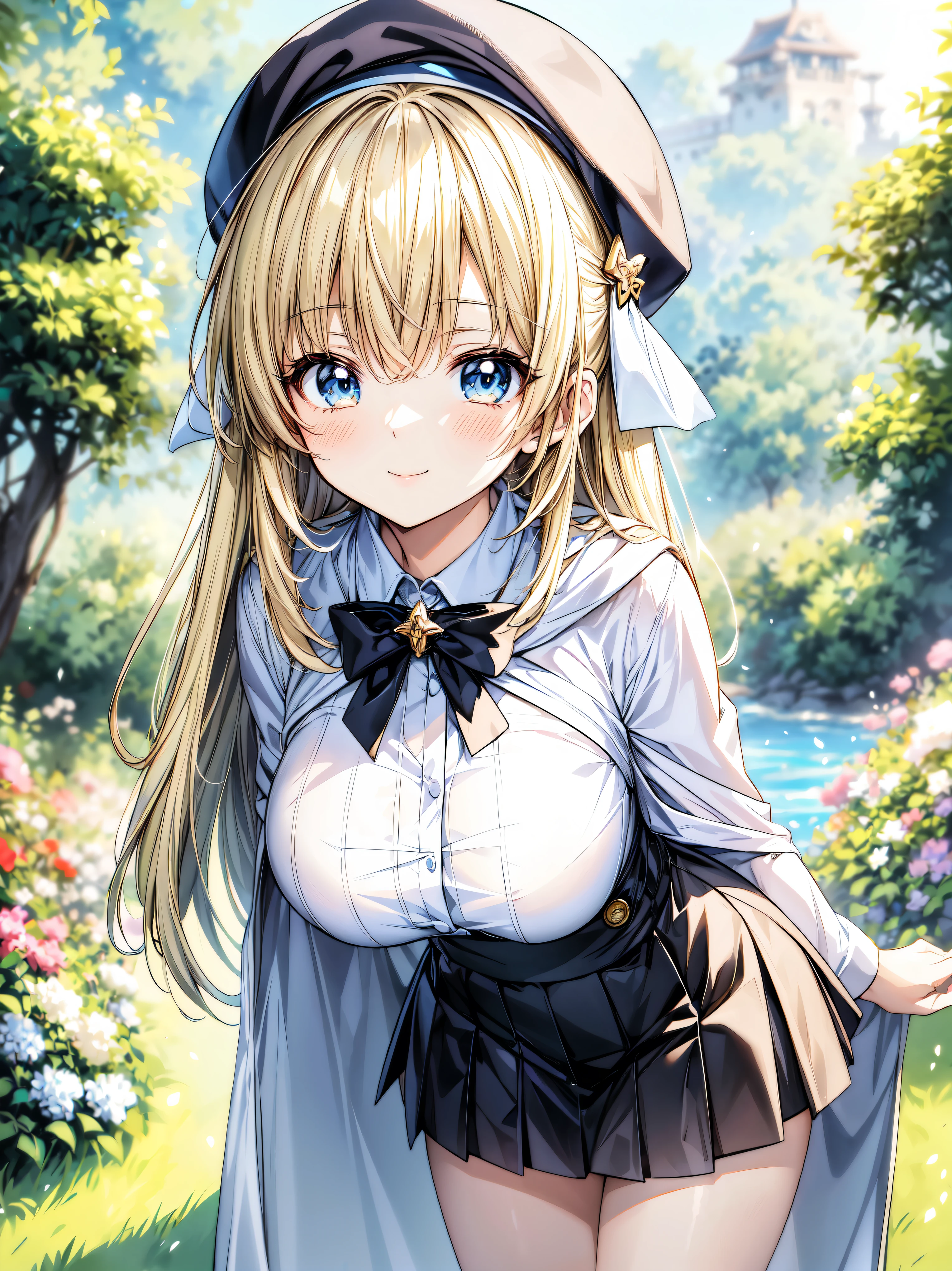 ((Ultra HD)), ((Super detailed)), ((Best Quality)), Blonde, ((Asymmetrical bangs)), KAWAII, happy smile, Big Breasts, breasts focus, Beret, Pleated mini skirt with lace, White Wizard, (baggy cloak), looking at viewer, from above, (leaning forward:1.2), on grassland, (((Complete Hand))), amazing digital painting, ((depth of field, blurred background)), (anime moe art style:1.3),