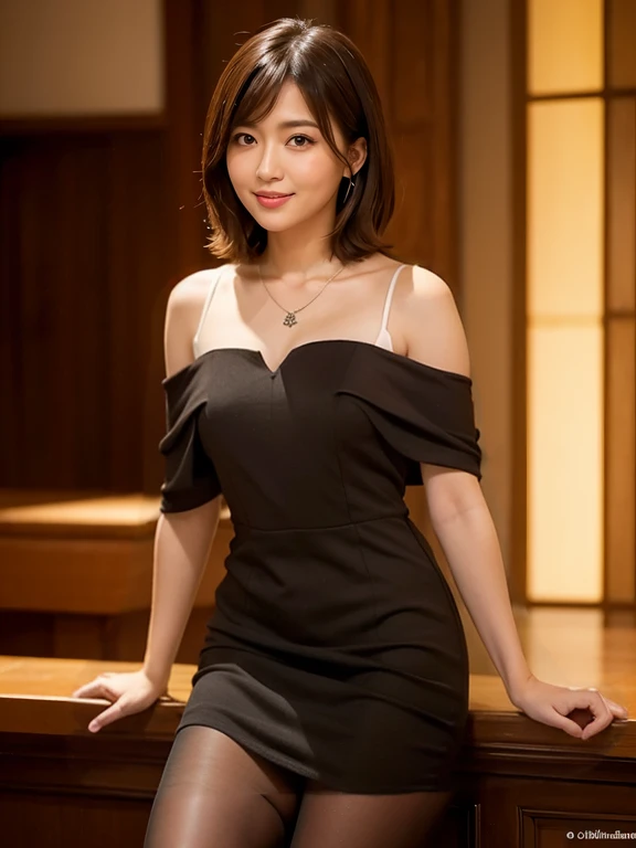 (((luxury:1.3, indoor, Photographed from the front))), ((long hair:1.3,black dress,japanese woman,Smile,cute)), (clean, natural makeup), (highest quality, masterpiece:1.3, 超High resolution), (Super detailed, caustics), (realistic:1.4, RAW shooting), very detailed, High resolution, 16K resolution