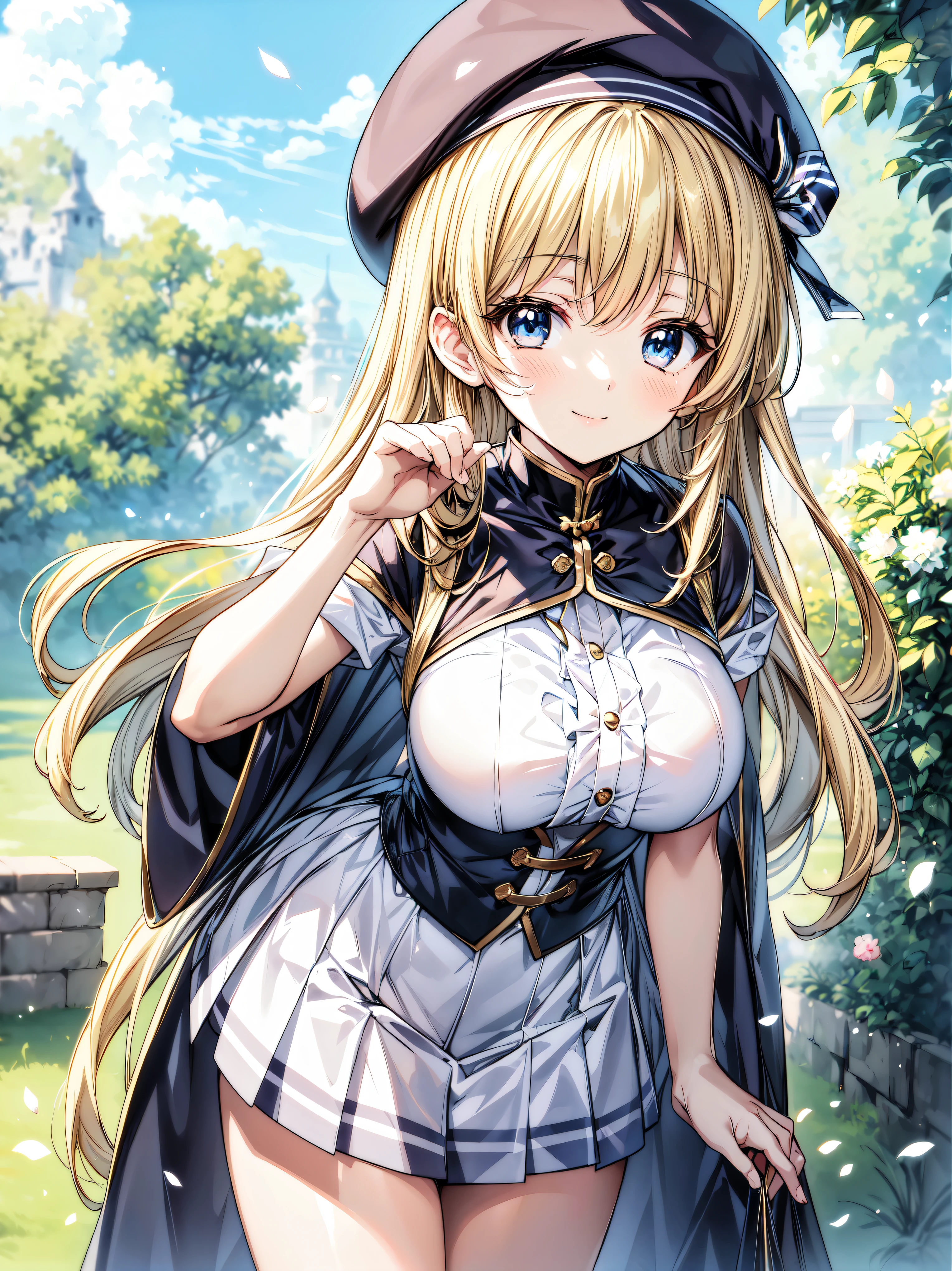 ((Ultra HD)), ((Super detailed)), ((Best Quality)), Blonde, ((Asymmetrical bangs)), KAWAII, happy smile, Big Breasts, breasts focus, Beret, Pleated mini skirt with lace, White Wizard, (baggy cloak), looking at viewer, from above, (leaning forward:1.2), on grassland, (((Complete Hand))), amazing digital painting, ((depth of field, blurred background)), (anime moe art style:1.3),