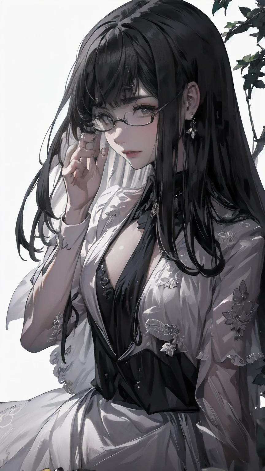 ((blood droplets)), ((blood)), ((blood splatter)), ((blood on clothes)), ((blood stain)), Masterpiece, Beautiful art, professional artist, 8k, art style by sciamano240, Very detailed face, Detailed clothing, detailed fabric, 1 girl, View from above, lying completely on the ground, perfectly drawn body, dead expression, lifeless, pale skin, beautiful face, black hair short ponytail, Closed eyes, pink cheeks, glasses, choker:1.6, (white collar button down long sleeve shirt), black gloves, gloves that cover hands, (holding an ax in his right hand), (black leather corset), (shiny black leggings), Sensual Lips , evening de invierno, Dark road, Snowy forest, evening, Atmosphere, snow