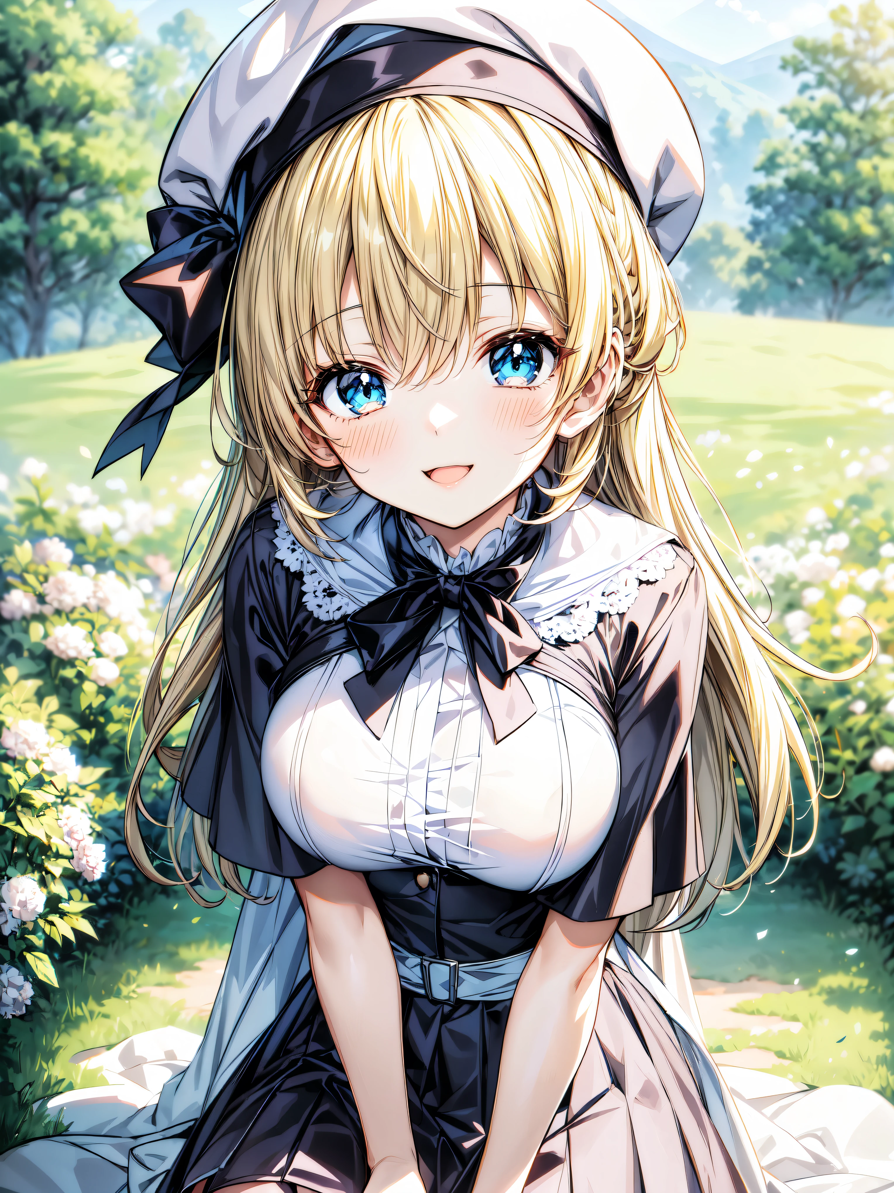 ((Ultra HD)), ((Super detailed)), ((Best Quality)), Blonde, ((Asymmetrical bangs)), KAWAII, happy smile, Big Breasts, breasts focus, Beret, Pleated mini skirt with lace, White Wizard, (baggy cloak), looking at viewer, from above, (leaning forward:1.2), on grassland, (((Complete Hand))), amazing digital painting, ((depth of field, blurred background)), (anime moe art style:1.3),