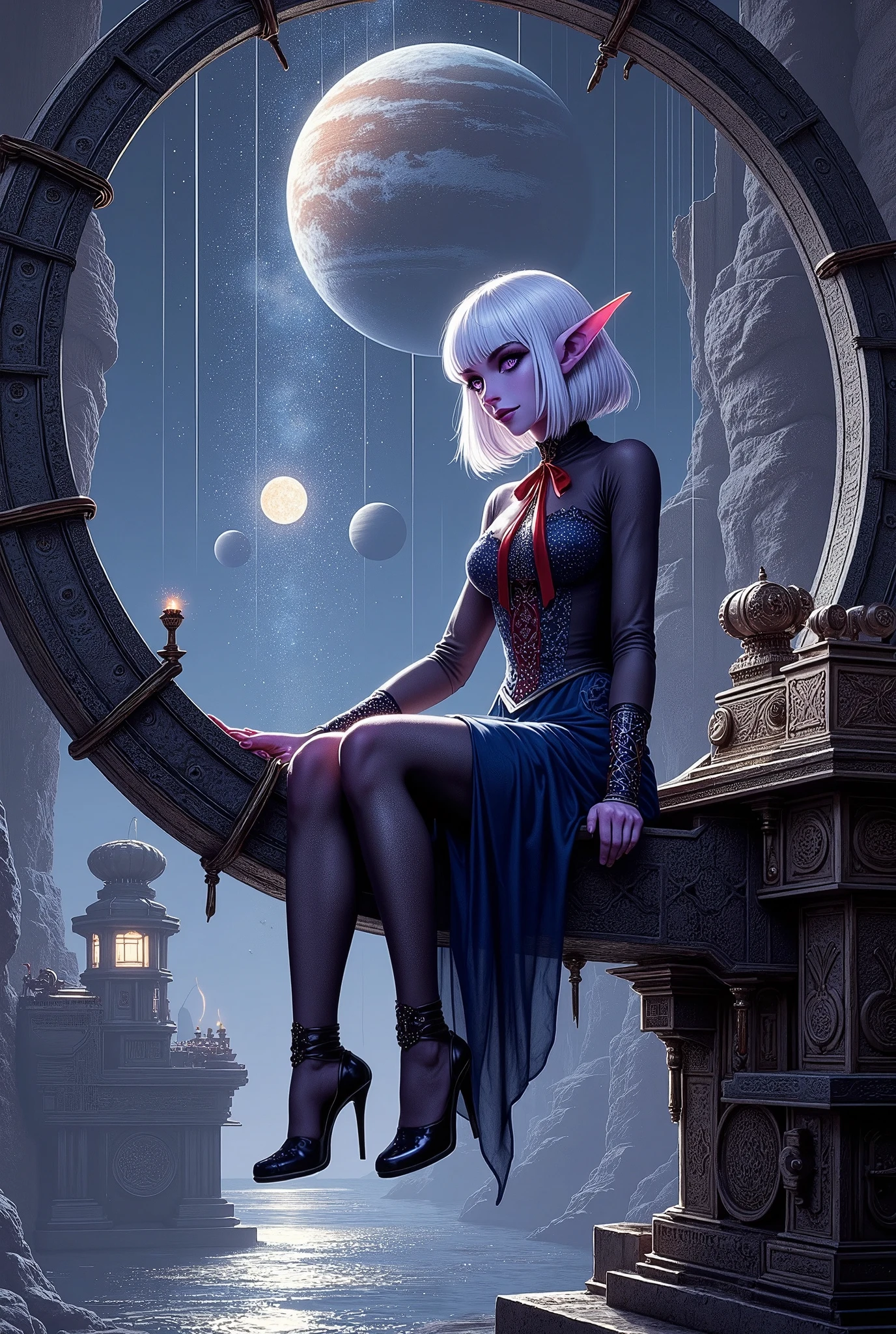 (Ultra-detailed face, Looking away, Fantasy Illustration with Gothic, Dark tone colors. Perspective looking up from the floor to the ceiling.), BREAK 
(The dark elf female astronomer is set up in a huge, dark, unlit, warehouse-like space with a huge circular, thin rail assembly that is 20 meters long and wide, and the armillary sphere appears to be a sphere. She sits on a small perch suspended in mid-air, operating an analog machine with a control panel. It is a multi-layered, intricate assembly of conductors of planets and comets outside the solar system. The planets and stars are displayed in three dimensions, each moving on its own orbital race. According to the characteristics of each planet, the sun is bright and blazing, the earth is watery, Saturn has a large ring, Mars is red, and comets have long tails. Distant star systems appear as clouds of sparkling light particles.), BREAK 
(A young-aged dark elf woman with pure white hair and eyebrows, blunt bangs, medium length straight hair, small pink lips, dark-purple color skin, lavender pupils, Draw thick, dark eyeliner around the eyes.), BREAK 
(A female dark elf cleric wears thin Marubuchi glasses over her forehead, a crimson ribbon tie, and a deep navy blue lace-up dress with pure white lace embroidered with a starry sea motif. She wears jet-black high heels with particles of light emanating from them.)