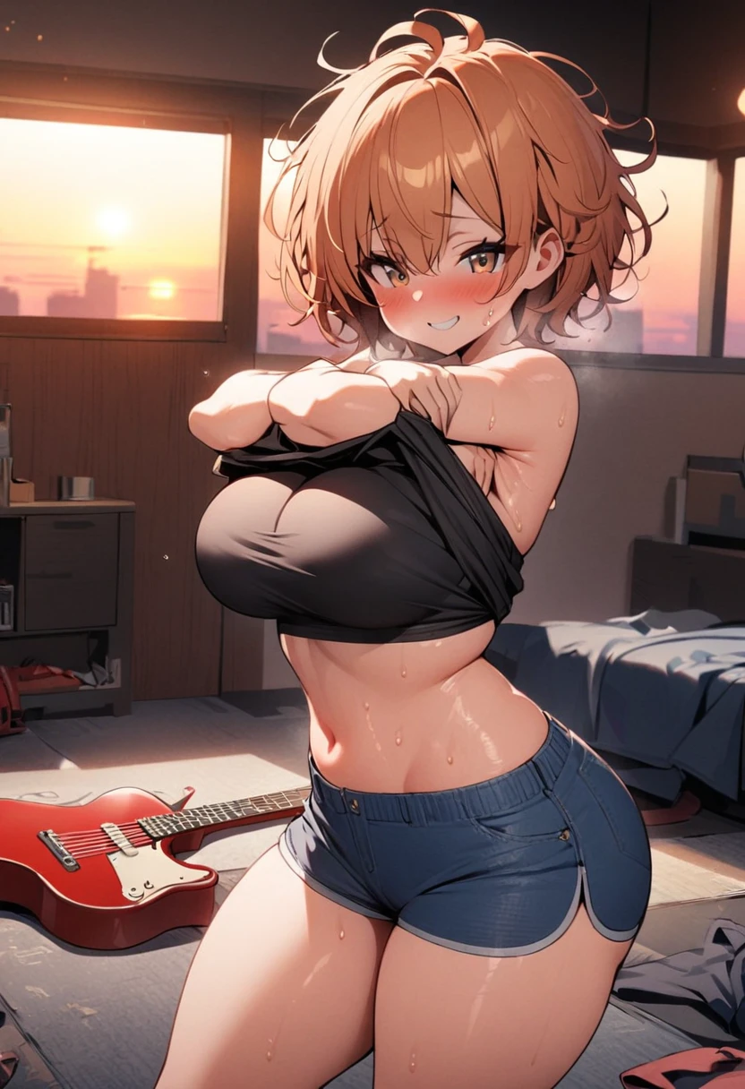 one girl, ginger hair, very short hair, messy hair, brown eyes, long eyelashes, standing, black t shirt, blue shorts, jean shorts, undressing, removing shirt, black sports bra, red guitar on ground, large breasts, thick thighs, smile, blush, sweat, room background, sunset