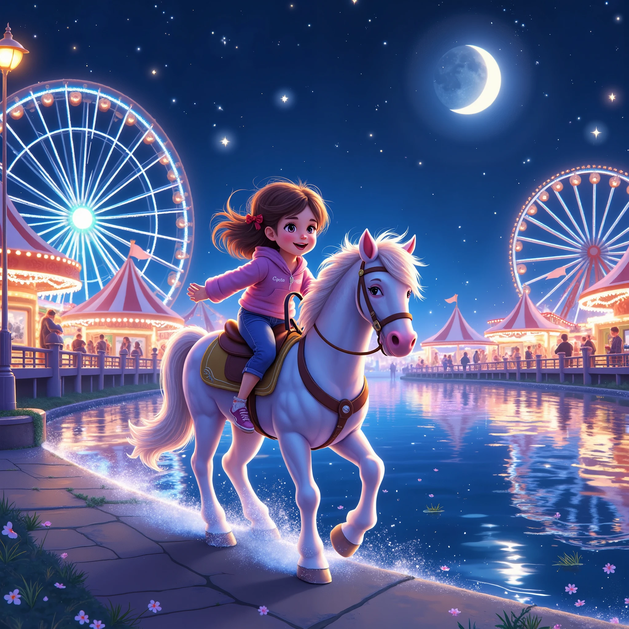  Girl at the Amusement Park Rides a pony, Carousels Night lights , Star Night ,  Bright City Smile Fun , masterpiece,  Maximum of Doers , Ferris wheel, tents,  Different Attractions , everything is visible, everything sparkles, masterpiece, 16K,  Night Ripples Stretch Along the Riverbed Moonlight Footprint at Night,  Curved Waves Gently Hit the Wharf , complex details,  Maximum Image Quality ,