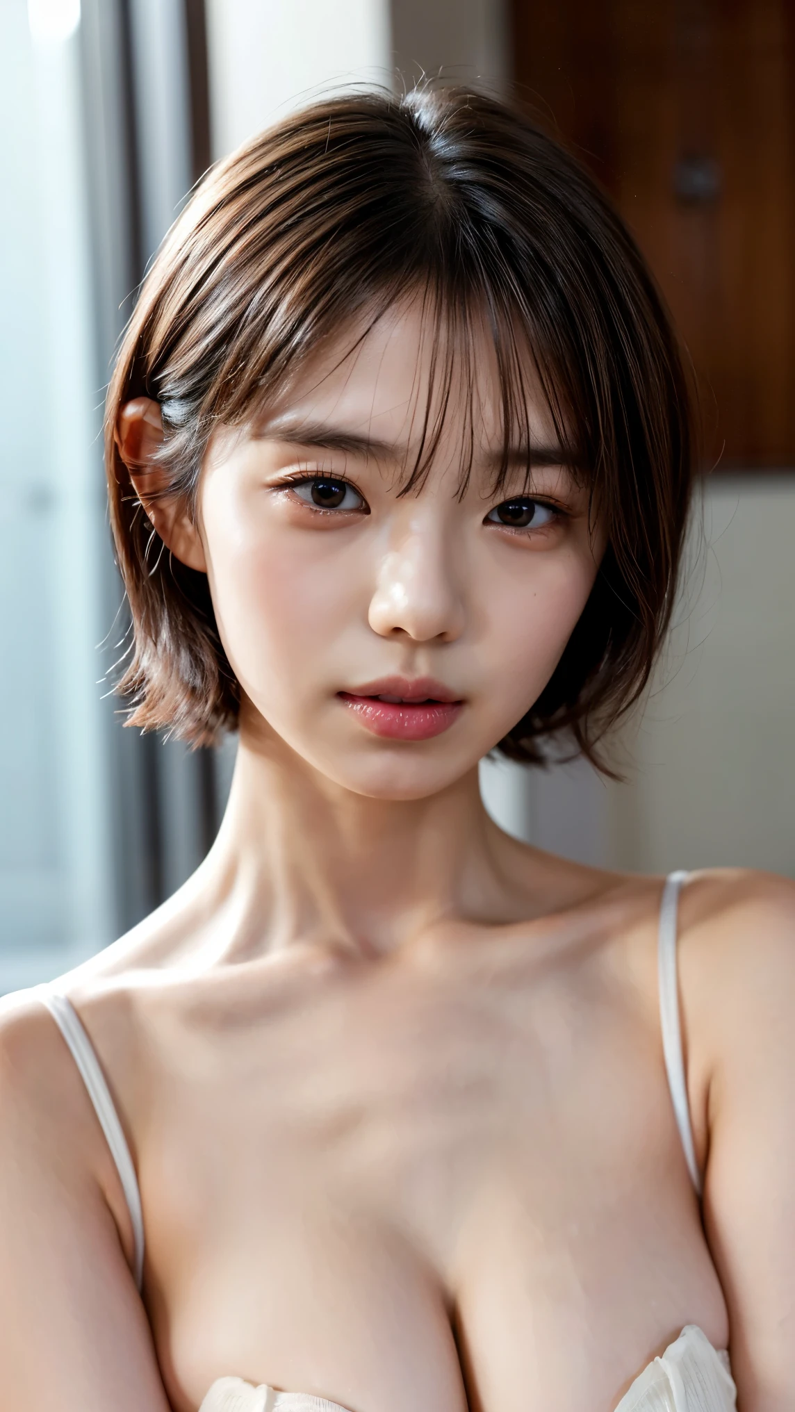 ((Petite women, sensual woman, No makeup, 柔らかい笑face)), (((Small eyes, length, Narrow eyes, Black Hair, short bob hair))), (Full body portrait, short hair, Large Breasts, Wearing a white T-shirt, Protruding nipples, Thick pubic hair), White skin, Glossy pale lips, skinny, Body Type, Delicate and sexy collarbone, Best Quality, RAW Photos, Realistic, face, so beautiful, cute, Depth of written border, High resolution, 超detailed, detailed, Very detailed, extremely detailed eye and face, Sharp pupils, Sharp focus, Cinema Lighting