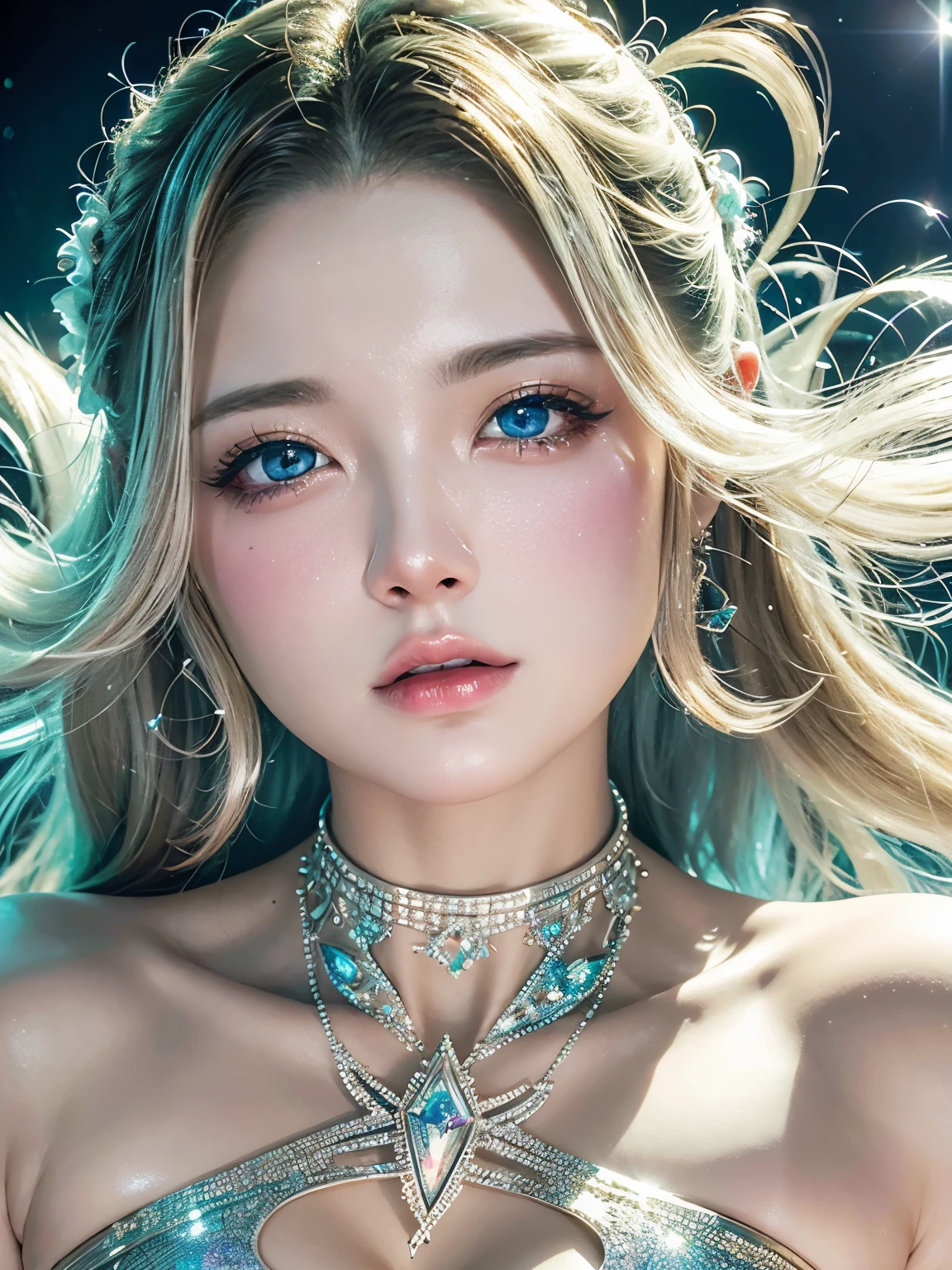Twilight weather，Highest image quality，Masterpiece，exquisite CG，merfolk，The five stages of exquisite beauty，Golden hair， Every scale of the body is three-dimensional， Silver scales shiny diamonds，Transparent skin，Delicate and intricate hair accessories， Gorgeous highlights.Floating bubbles，Perfect chest curve， full-body portraits，Surrounded by the bottom of the sea， Beautiful.Charming， Shiny， Perfect， Ultra HD，16k， HDquadratic m e t amodel，2.5D model --g 2-Nifi 5