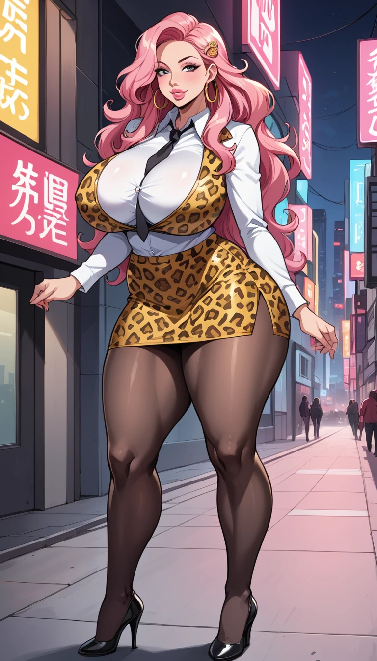  mature woman,  full body shot from head to ankle , mother, Mature Woman, Improve, [Dark Skin Tone], (Blonde and pink hair) , (Long loose hair ), Long Hair, Big Hair, ((Thick lips)), (Swollen lips), Pink Lips, smile, Open lips, compensate, Eyeshadow, Tall, Wide hips, (Wide Hips), (Thick thighs), Big Ass, Huge breasts, Clevis, Tall, [Long legs], Oily breasts, tie shirt, Tight mini skirt, good, (Leopard print), Black Pantyhose,  sole red black heels high heels, (big hoop earrings), necklace, goodcelets, wallet, ((hairpin)), Outdoor, city, Neon Light, That&#39;s right., 気分のgood照明, night, ((Sexy pose)),  dynamic pose ,  focus on hips and thighs , Realistic lighting, Tilt your head, Dutch Angle, Dutch Angle, (Tattoo), 