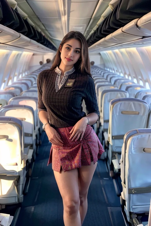 Beauty Disha Patani, 28years、hyperdetailed face、Detailed lips、A detailed eye、double eyelid、(Smiling while walking gracefully down the aisle)、(Stewardess uniform:1.2)、((mini skirt:1.5)) (Glamorous body)、(Colossal )、（large full breasts）（big butts）（Plump body）（plump body shape）（ large full breasts）（Colossal ）((J-Cup))、highs thighs thighs thighs, Perfect fit, Perfect image realism, Background with: (Business Class aisle on airplanes:1.2), Cowboy Shot, Meticulous background, detailed costume, Perfect litthing、Hyper-Realism、(Photorealsitic:1.4)、8K maximum resolution, (​masterpiece), ighly detailed, Professional