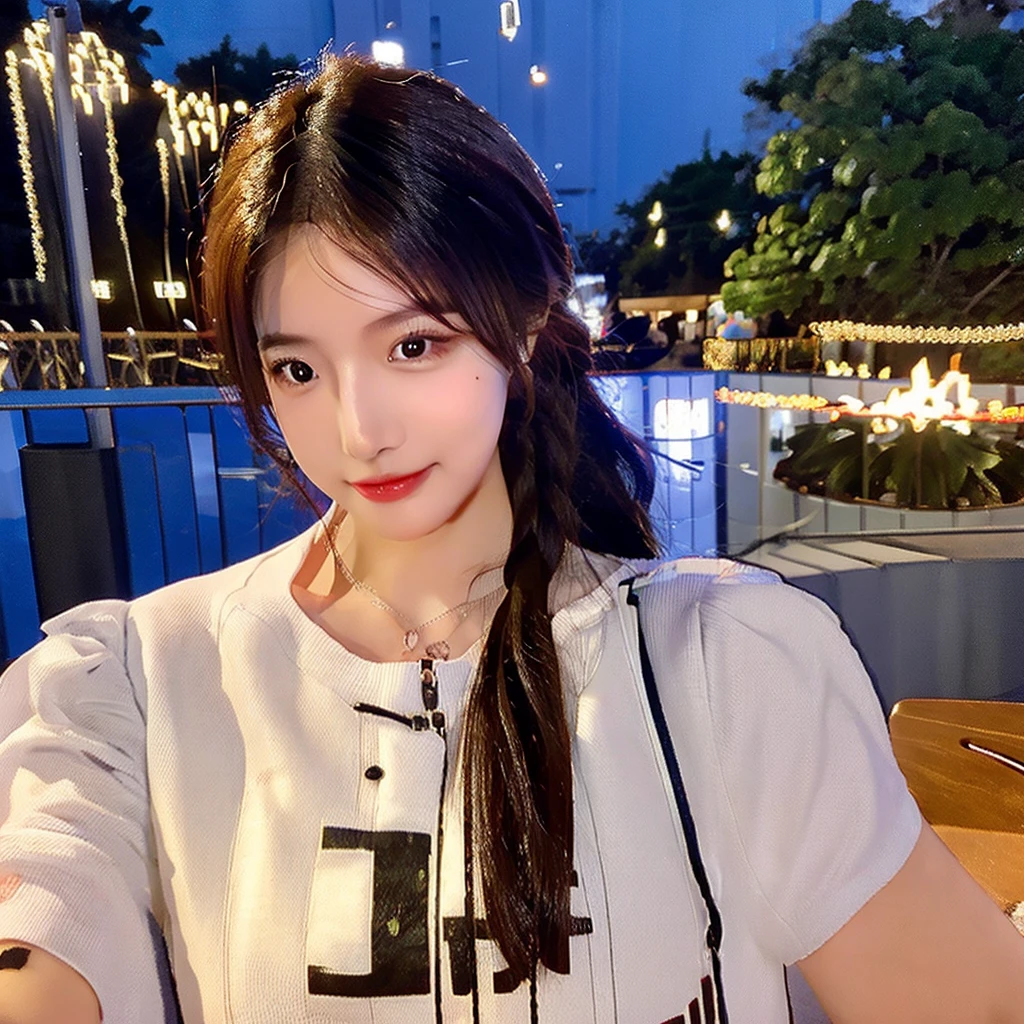 ((midynight、top-quality、8K、tmasterpiece:1.3)), full bodyesbian, long leges, sharp focus:1.2, A Beautiful Woman with Perfect Figure:1.4, Slender Abs:1.1, ((dark brown hair、huge tit:1.2)), (white tight t-shirt、skintight jeans 、It's standing:1.2), ((night cityscape、on the rooftop:1.3)), Highly detailed facial and skin texture, A detailed eye, double eyelid,The pose is the same as the original picture,Don't miss a point,Keep your eyes open