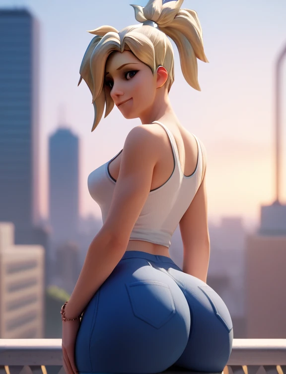 1 girl, Alone, mercy \(supervision\), arrive for body, smile,  looking at the spectator , depth of field, exteriors,city, tank,brown eyes,blonde, short hair, spiked hair, big butt 