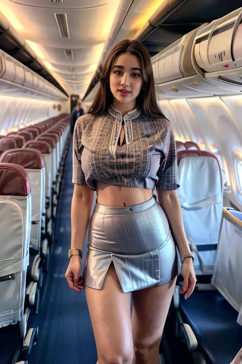 Beauty Disha Patani, 28years、hyperdetailed face、Detailed lips、A detailed eye、double eyelid、(Smiling while walking gracefully down the aisle)、(Stewardess uniform:1.2)、((mini skirt:1.5)) (Glamorous body)、(Colossal )、（large full breasts）（big butts）（Plump body）（plump body shape）（ large full breasts）（Colossal ）((J-Cup))、highs thighs thighs thighs, Perfect fit, Perfect image realism, Background with: (Business Class aisle on airplanes:1.2), Cowboy Shot, Meticulous background, detailed costume, Perfect litthing、Hyper-Realism、(Photorealsitic:1.4)、8K maximum resolution, (​masterpiece), ighly detailed, Professional