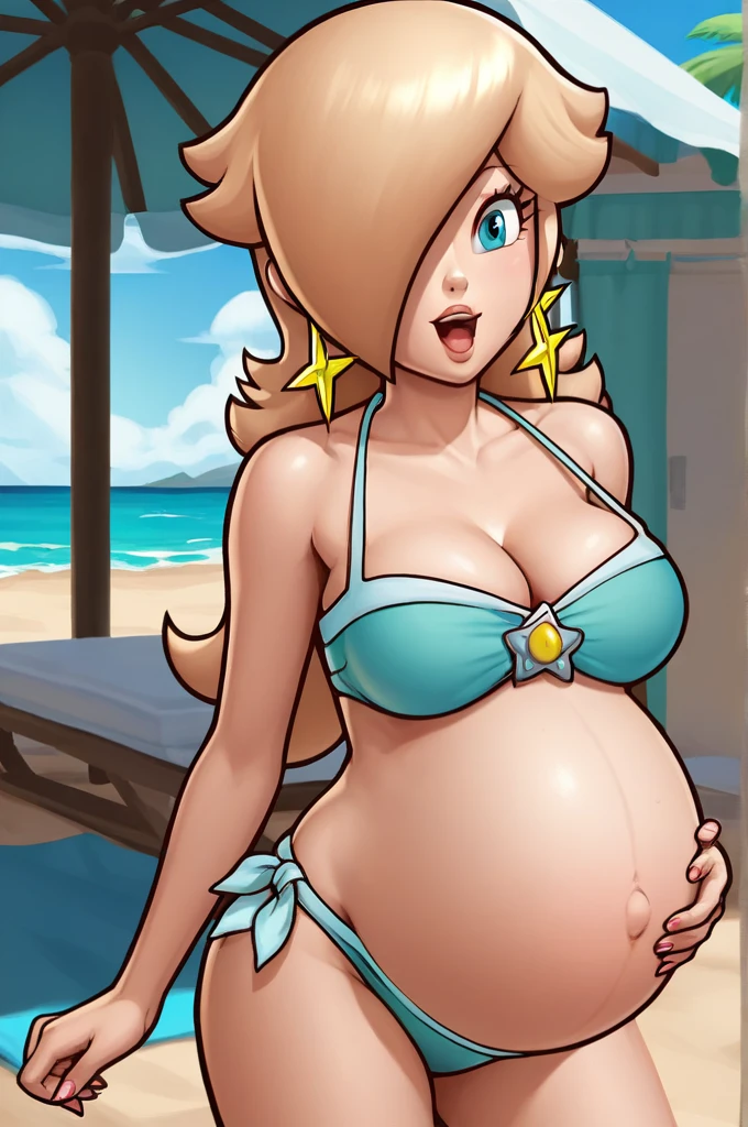 score_9, score_8_up, 1girl, solo, rosalina, style parody, thick outlines, bikini, swimsuit, pregnant belly, big belly, sleeveless, strapless, cleavage, indoors, beach, happy, showing his belly