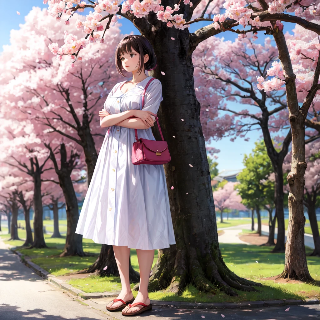 A woman stands under the cherry blossom tree