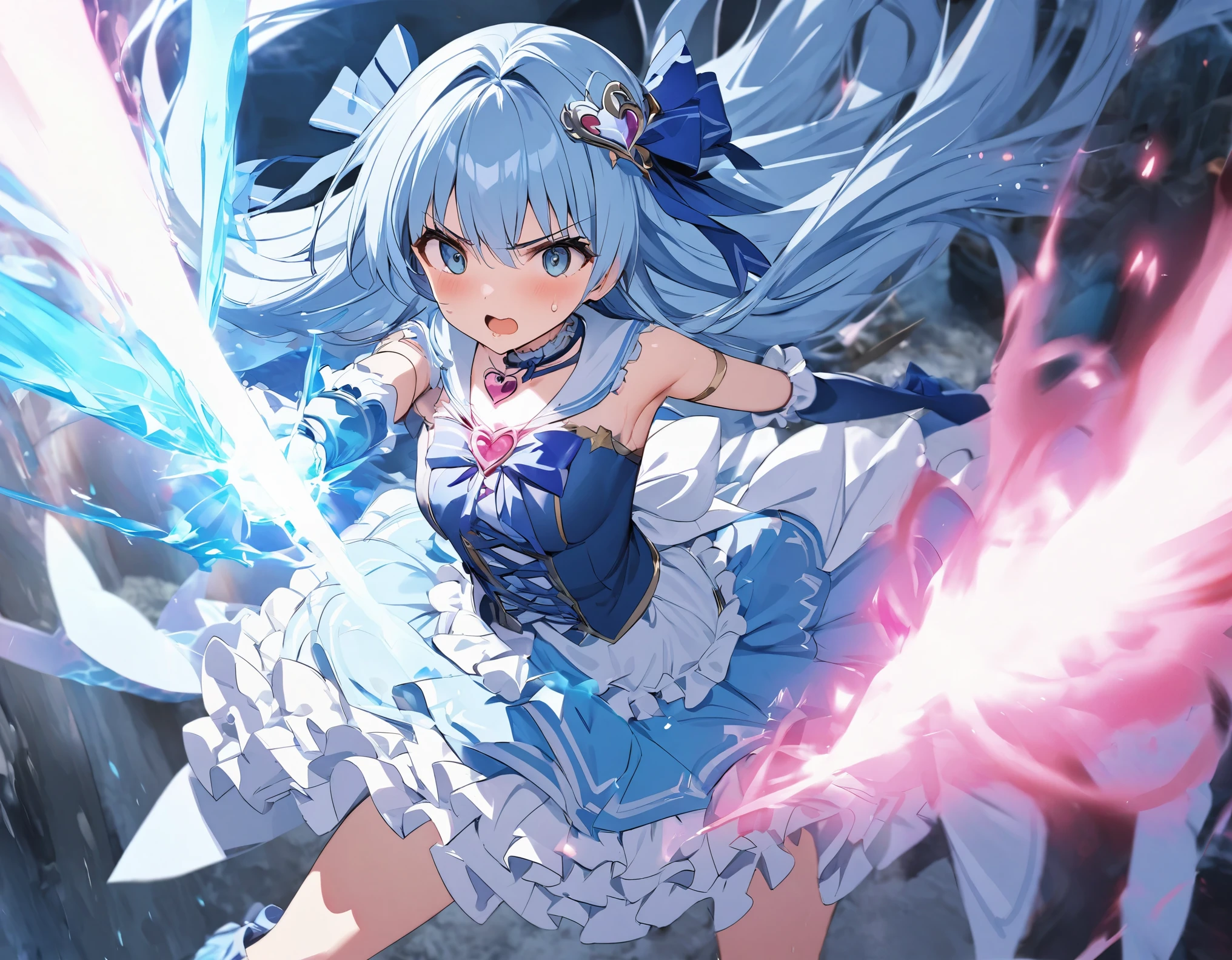 Alone:1. 3 Park Tentacles Magical Girl Fighting Against Monsters :Dark Park Ice Attack Magical Light Effect :1. 3 Dignified Expression Sweat Blue Hair Long Hair Girl Hobby Blue Ribbon Magical Girl Costume Cute Frill Skirt Pannier Frill Petticoat Choker Gloves Up to the Elbow Boots Heart Magical Pendant Hair Ornaments Magical Rod