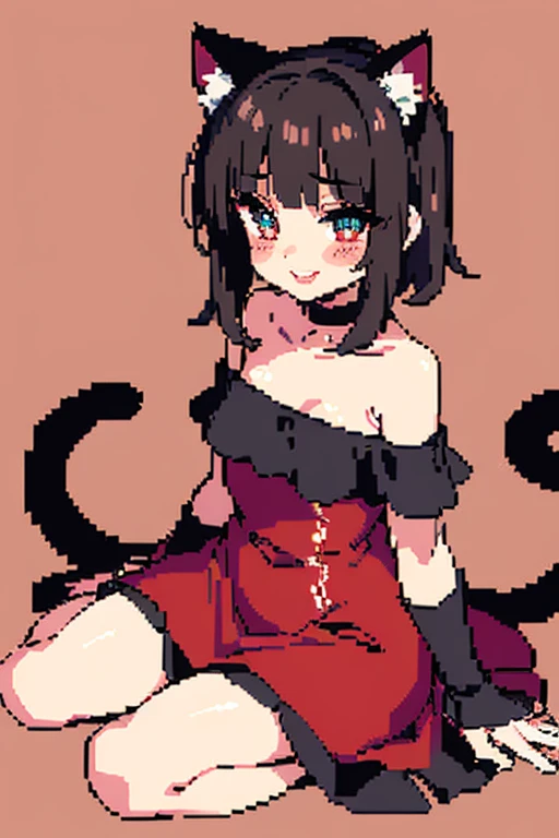 (pixel art:1.3), 16-bit sprite, (masterpiece:1.2, best quality), (finely detailed beautiful eyes: 1.2), 1girl, cat ears, cat tail, black wavy hair, short hair, blunt bangs, ponytail, (red dress:1.2), slit dress, choker with bell, coy smile with parted lips, (blush:1.2), sitting,