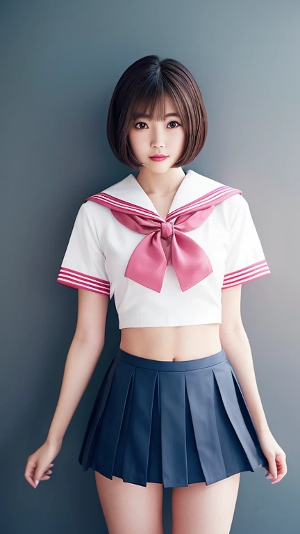 Perfect composition, Proper placement, close, Beautiful Japanese Woman, Brown Hair, Bob Cut Hair, Brown eyes:1.21, Clear Eyes,  Perfect beauty, Compensate, Pink lipstick:0.98, Perfect Anatomy, Small head, Traditional sailor uniforms from famous urban high schools, White uniform, Short-sleeved sailor suit:1.21, sera fuku:1.21, I can see your belly,  Navy Blue Pleated Mini Skirt, Perfect beauty, Like a positive movie:1.21, (A photograph of a film frame taken on positive film:1.5), Gray simple background, sexy, orgasm, , Dramatic lighting, 