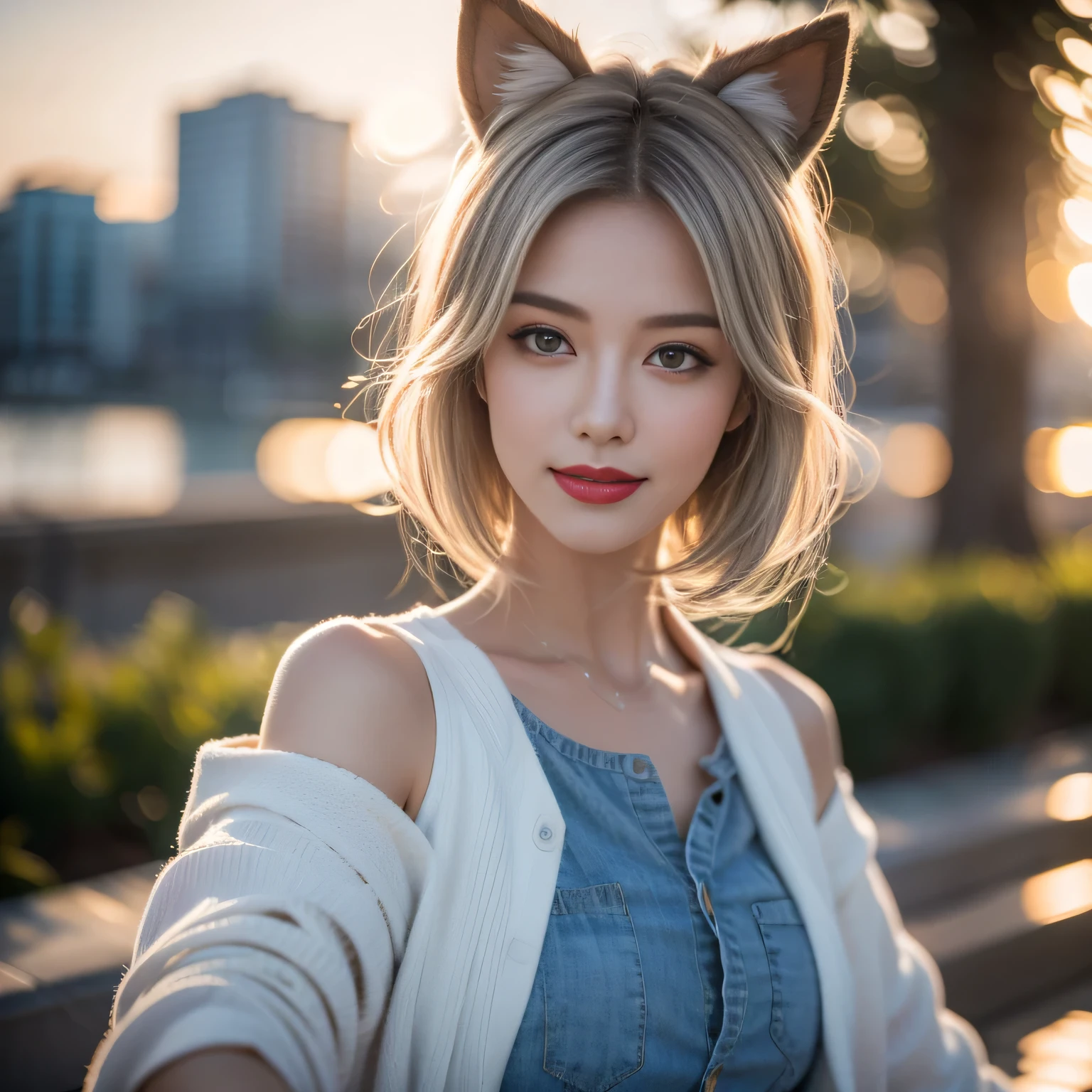 hair, hair bobbles, victory, Long eyelashes, Solid round eye, Fake animal ears, A faint smile, ears red, direction, Surrealism, shadow, Relief, Stereogram, Standing picture, Throw, Atmospheric perspective, 8k, Super Detail, precise, best quality，xx remix girl,1 girl, Fisheye, Selfie, wind, Messy hair, Sunset, city View, (Aesthetics and atmosphere:1.2), White hair,Smile,Movie Girl