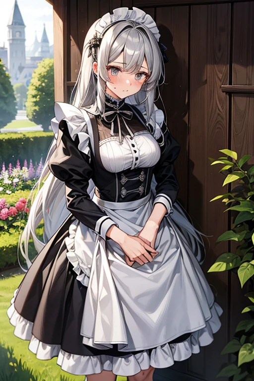 knee shot, female, gray hair, gray eye, long hair, maid uniform, a woman of virtue, embarrassed, garden, standing