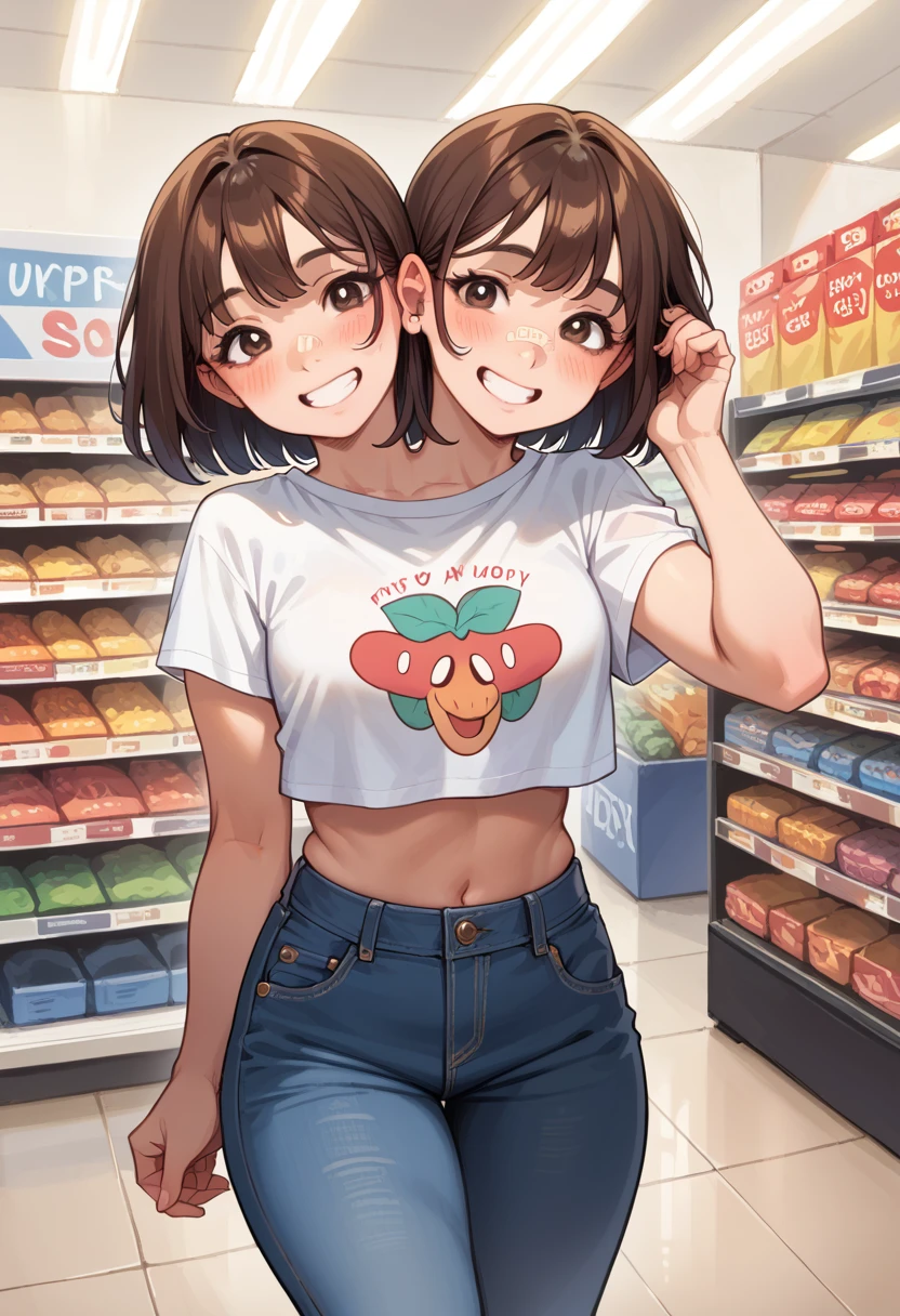 2heads, a thick woman with two heads. She is inside an electronics store. She is wearing a crop top and jeans. White shoulder-length hair. Nerdy, dorky. Dorky appearance, nerd. Cute soft face. Smiling, blushing.