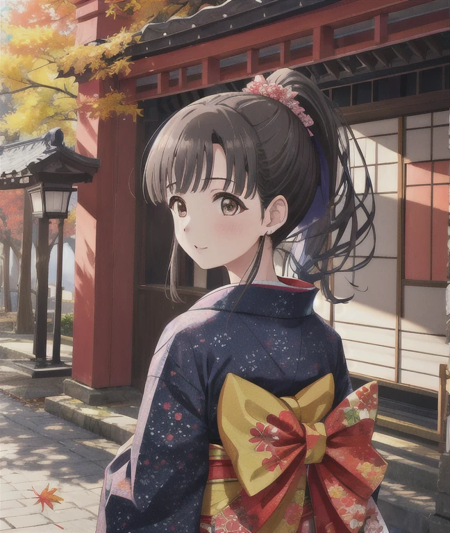 masterpiece, Best Quality, High resolution, Kobayakawa Sae , One girl, architecture, autumn, autumn_leaf, black_hair, separation_sleeves, East__architecture, , hair_ Ornament , expensive_ ponytail , Outdoor, Japanese_Clothes, kimono,  Japanese Style Path,Ancient Capital