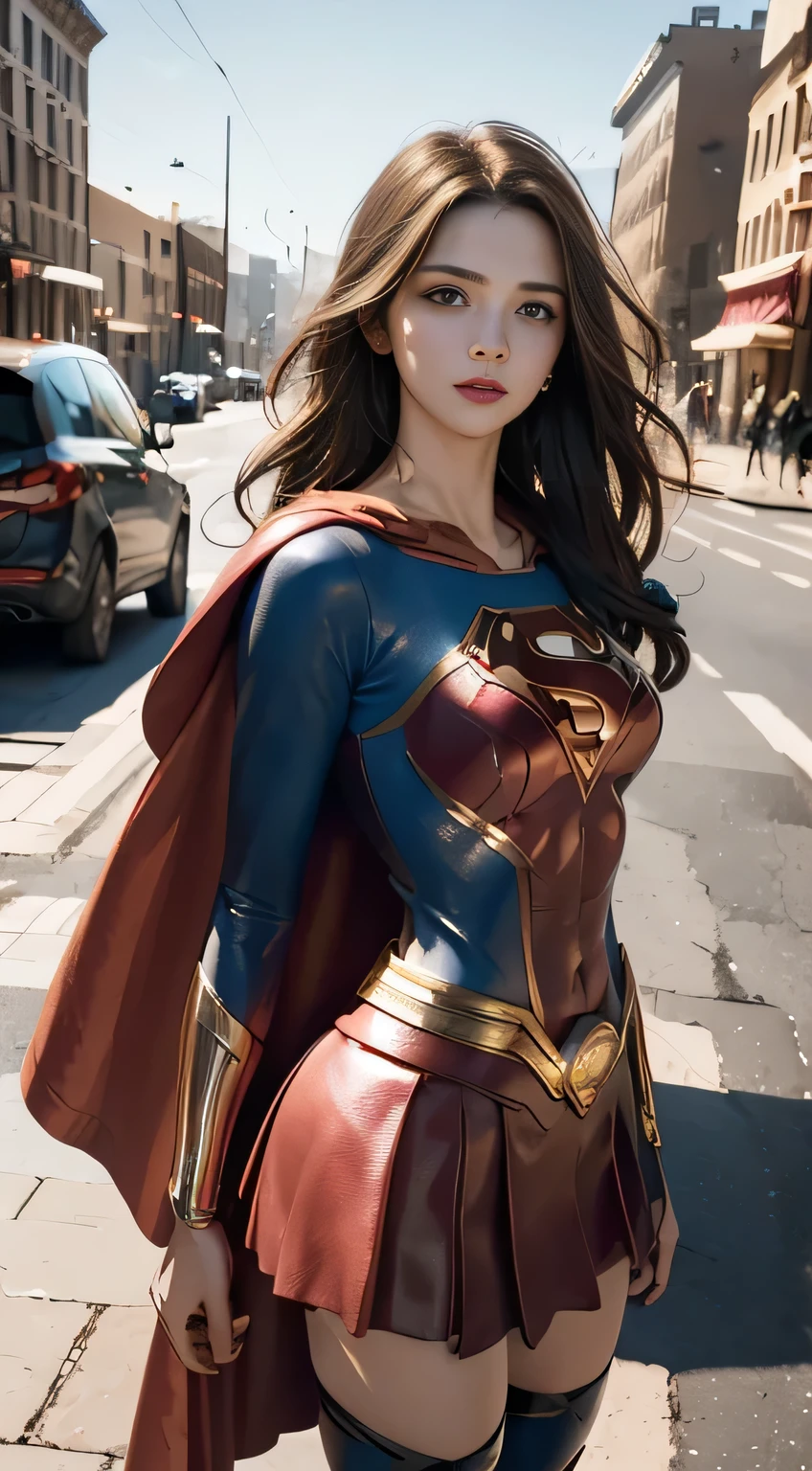  An Araf woman in a superhero costume stands on a city street, Super Girl,  heroic posture colorful city lights , gal gadot as Super Girl, emma watson as Super Girl, close up, anime visual of Super Girl,  Sydney Sweeney ,  Corey Chase as Atlantis , Macca Monroe Batgirl , 8k Artgerm Bokeh, betty cooper, No characters , Ultra-high resolution， black hair, Hair shaking, victory, Long eyelashes, Solid round eye,  faint smile ,  red ears , direction,  Surrealism, shadow, relief, Stereogram, standing photo, view, Atmospheric perspective, 8K,  super detailed , Precise, Best quality