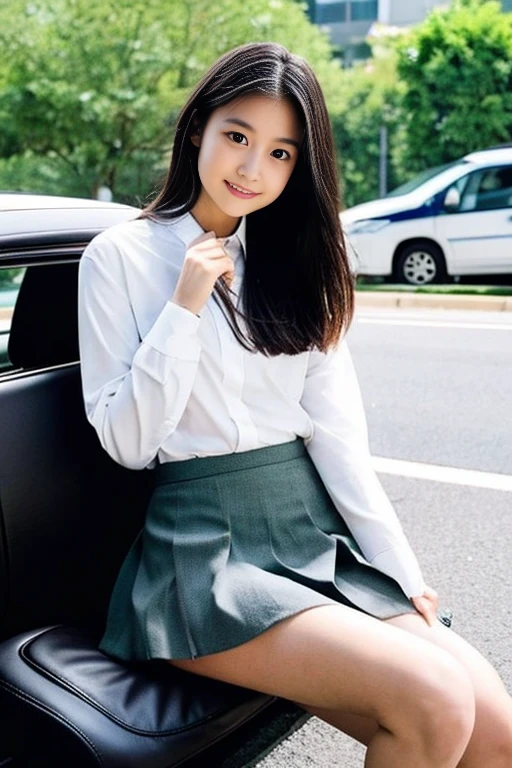 ((Best Quality)), ((masterpiece )), 18歳の本物の日本人の美しい高校生、Beautiful thighs、Exposed Small Fissures 、Mini skirt 40cm above the knee、School Uniform、Inside the car、 Beautiful 18-year-old Japanese High School Student Sitting Standing with Legs Open and Knees Standing 、Horizontal Angle