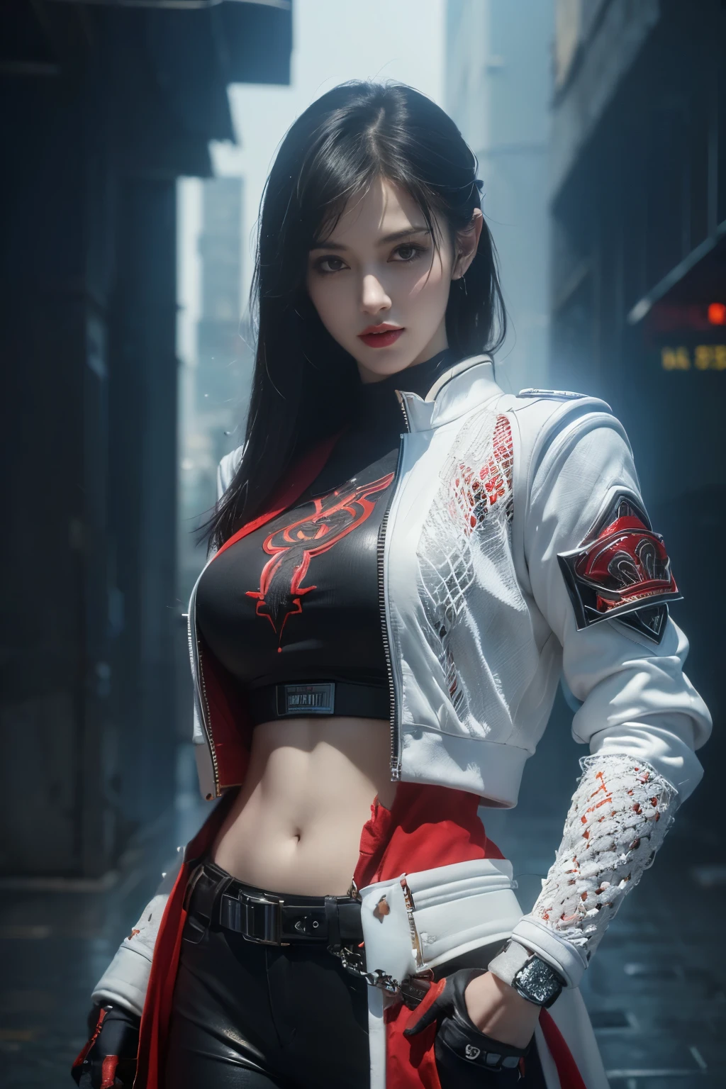 tmasterpiece,Best quality,A high resolution,8K,(Portrait photograph:1.5),(ROriginal photo),real photograph,digital photography,(Combination of cyberpunk and fantasy style),(Female soldier),20 year old girl,random hair style,By bangs,(Red eyeigchest, accessories,Redlip,(He frowned,Sneer),(Cyberpunk combined with fantasy style clothing,Openwork design,joint armor,police uniforms,White jacket,Red),exposing your navel,Photo pose,Realisticstyle,Thunder and lightning on rainy day,(Thunder magic),oc render reflection texture