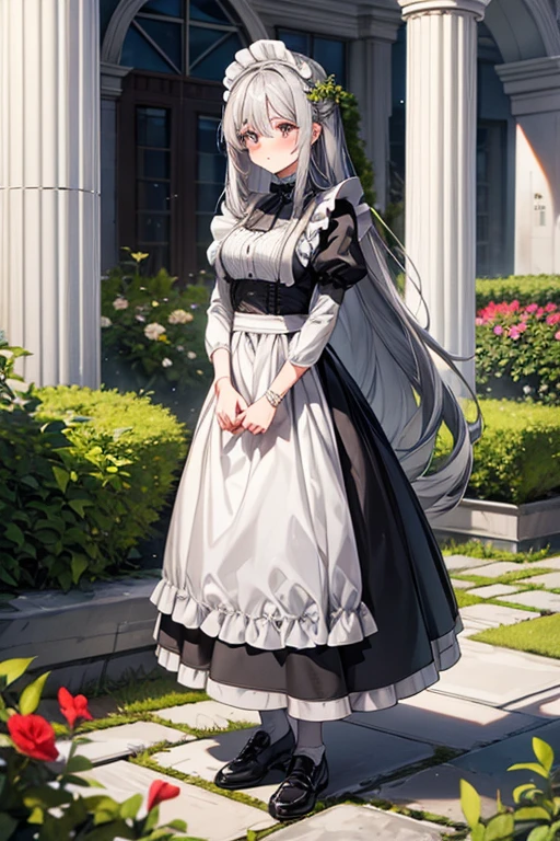 knee shot, female, gray hair, gray eye, long hair, maid uniform, a woman of virtue, embarrassed, garden, standing, 170cm