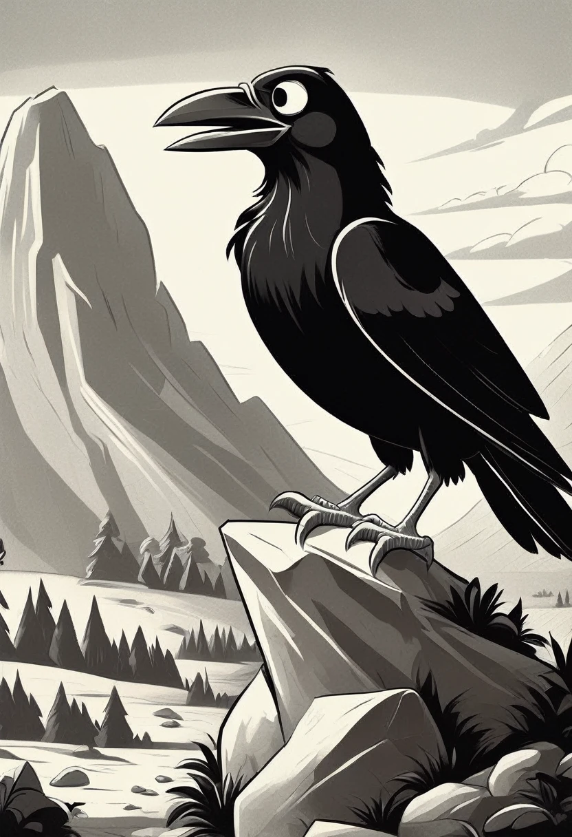 black and white vintage cartoon of A huge crow   on a rock 