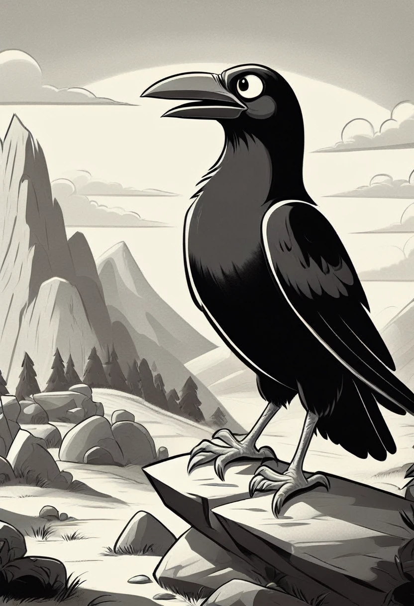 black and white vintage cartoon of A huge crow   on a rock 