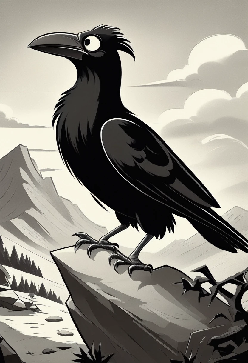 black and white vintage cartoon of A huge crow   on a rock 