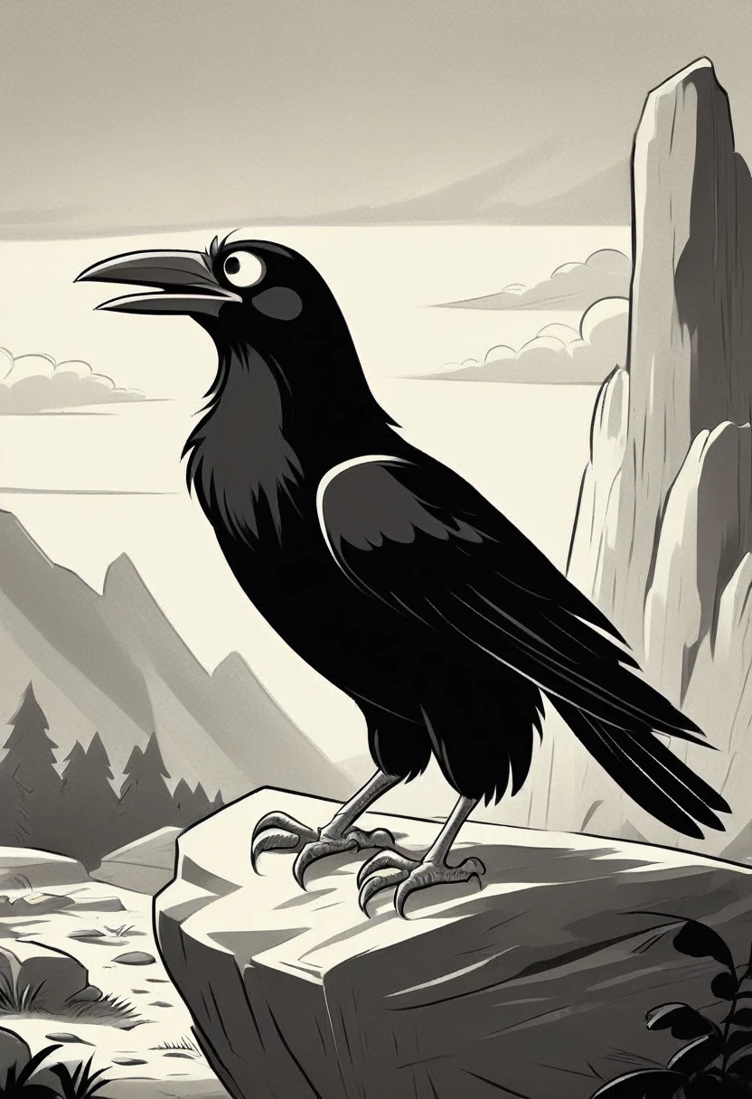 black and white vintage cartoon of A huge crow   on a rock 