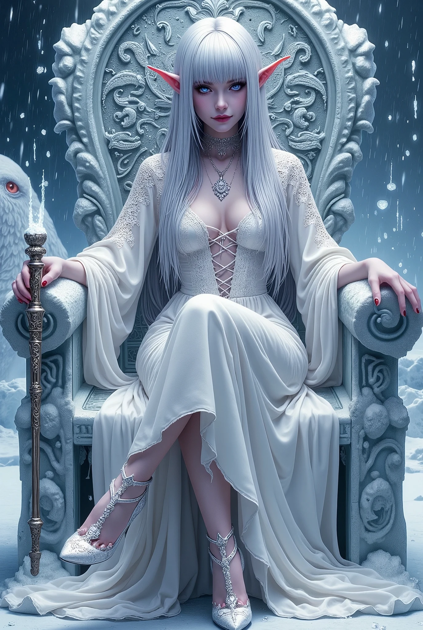 (Ultra-detailed face, Looking away, Fantasy Illustration with Gothic, Dark tone colors, There is one goddess.), BREAK
(She is a snow elf with blunt bangs and very long, messy, pale silver hair that reaches the ground, pale blue eyes, and a cruel smile on her thin white lips. She is seated deeply on a huge, luxurious, Art Nouveau-style ice throne, her legs lightly crossed. She wears a lace-up dress of pure white shiny draped translucent fabric with silver lace and high heels with a white dragon design. She holds a tin cane in her lap that emits sparkling ice crystals. Behind her can be seen the Frozen Frost Giant and the Frozen White Dragon. She herself is half frozen.), BREAK
(This is a world where everything is frozen, where even time is frozen and the “Frozen Maiden” rules.)
